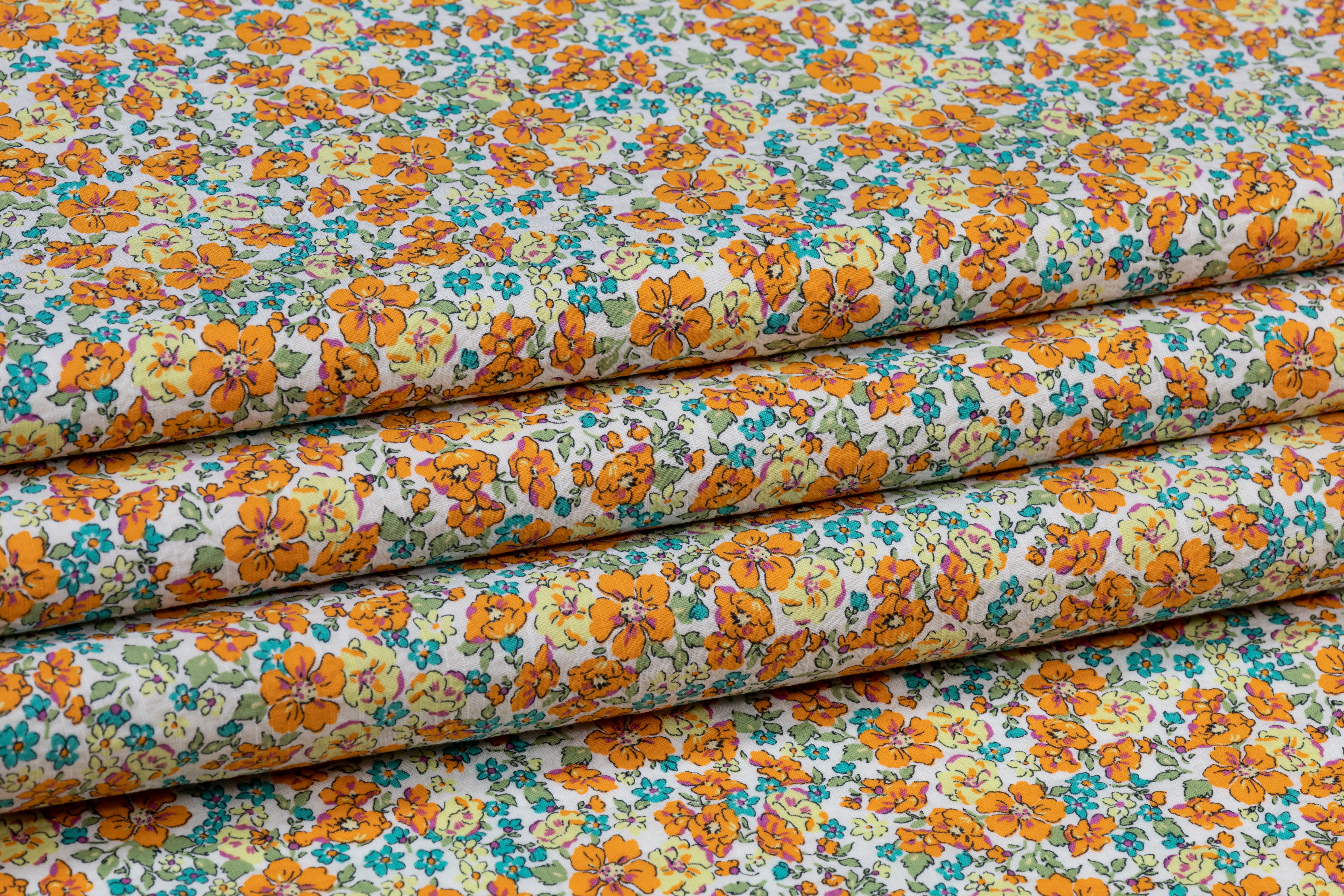 Textured Ditsy Floral Italian Cotton - Blue, Orange, Yellow