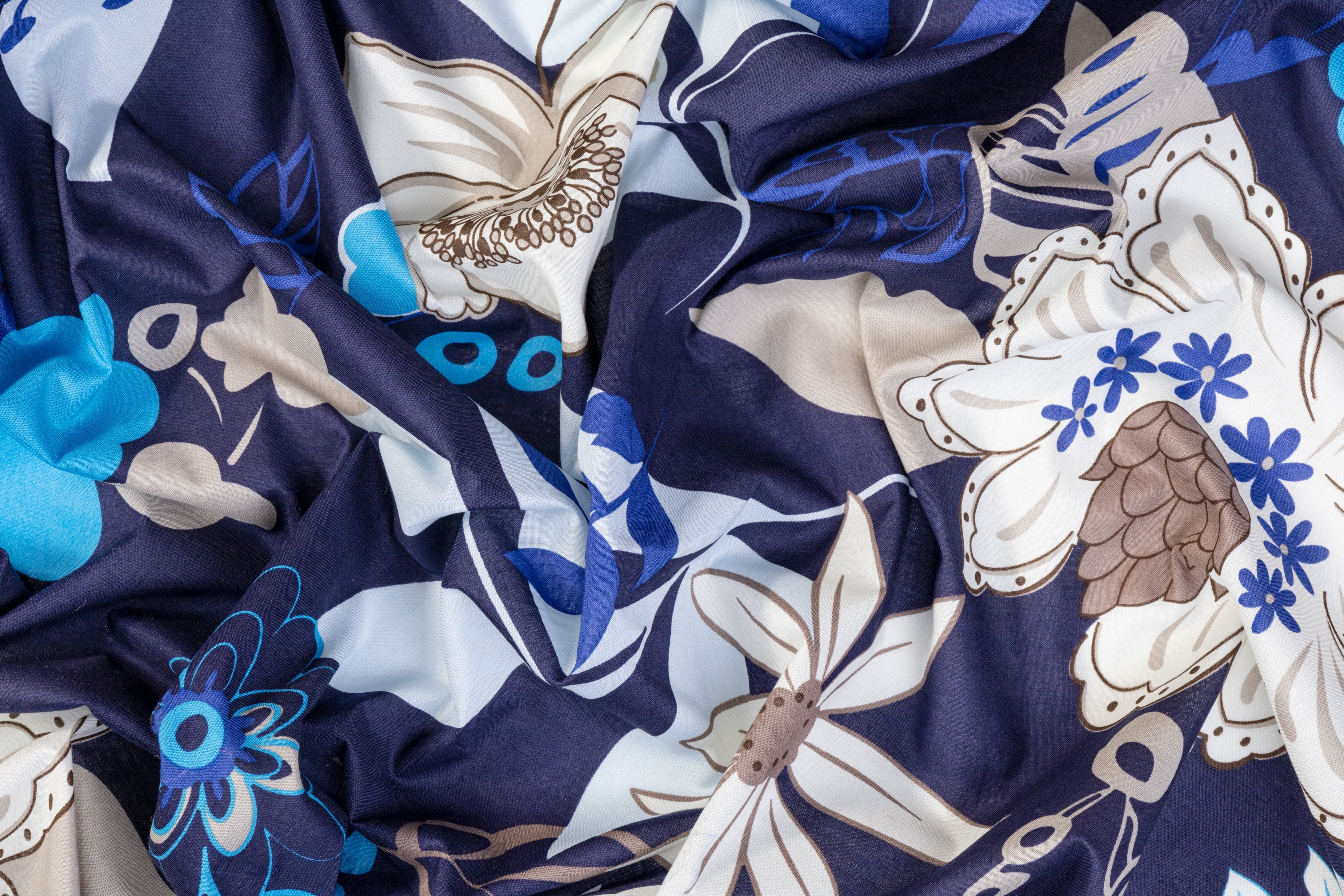 Floral Cotton Print - Blue, White, Gray