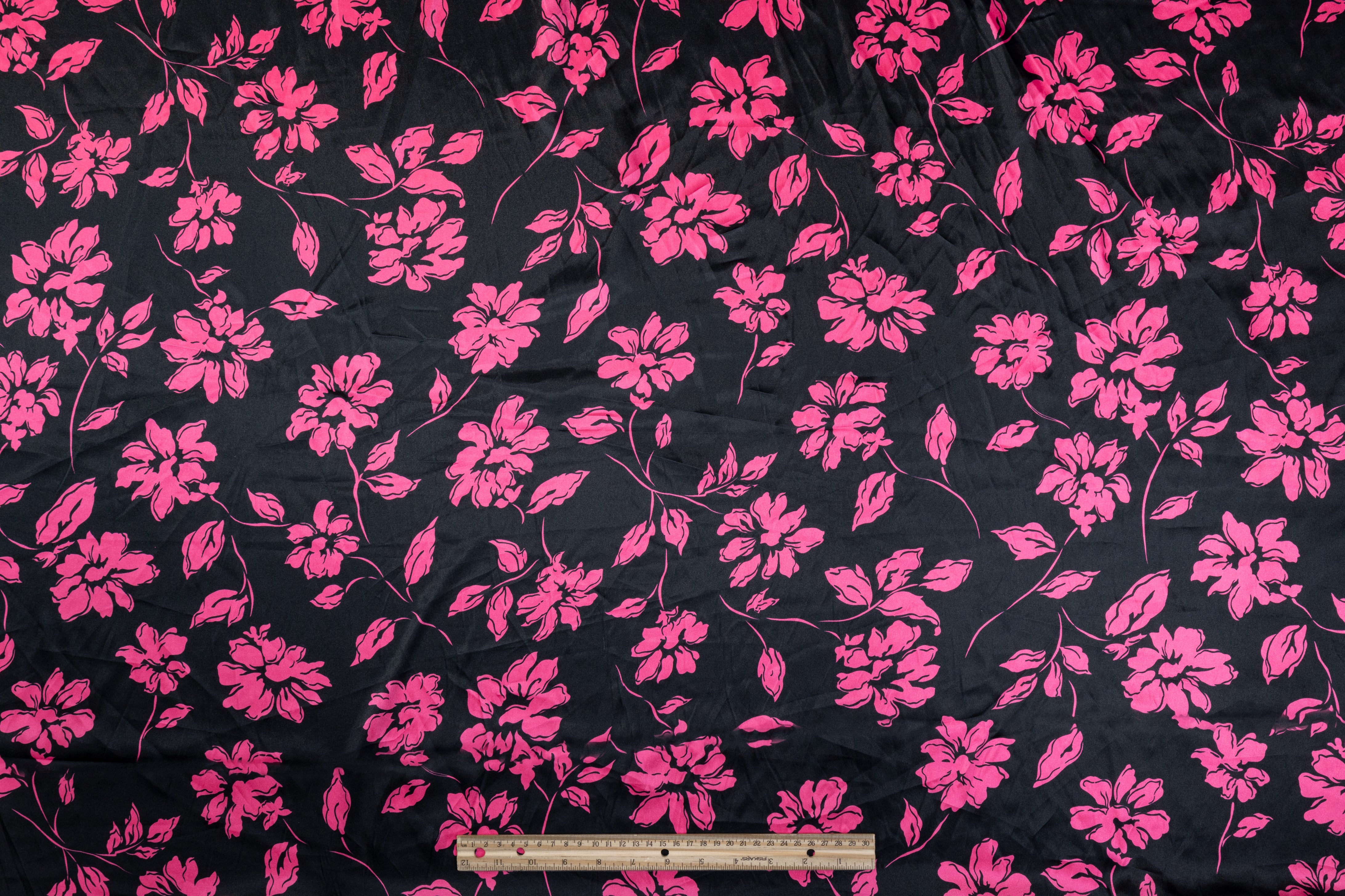 Floral Polyester Charmeuse - Pink and Black