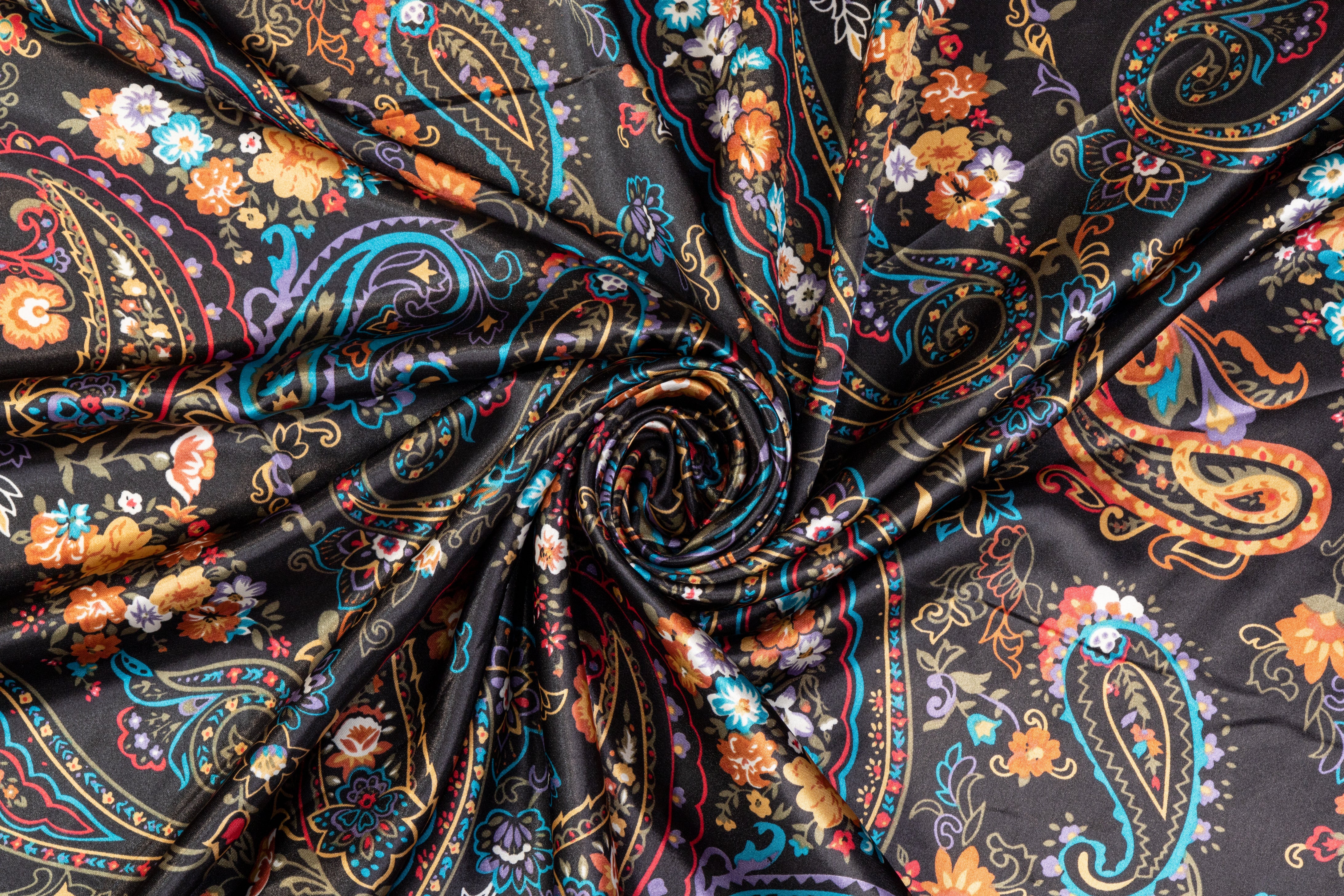 Paisley Floral Polyester Charmeuse - Black / Multicolor