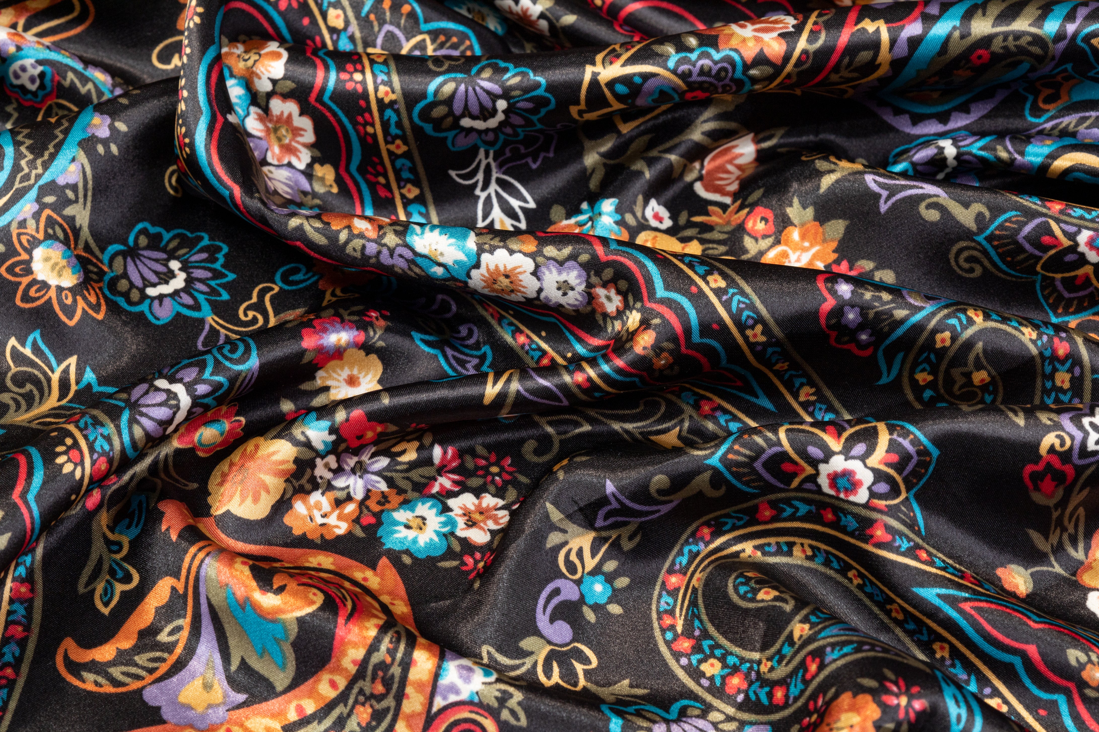 Paisley Floral Polyester Charmeuse - Black / Multicolor