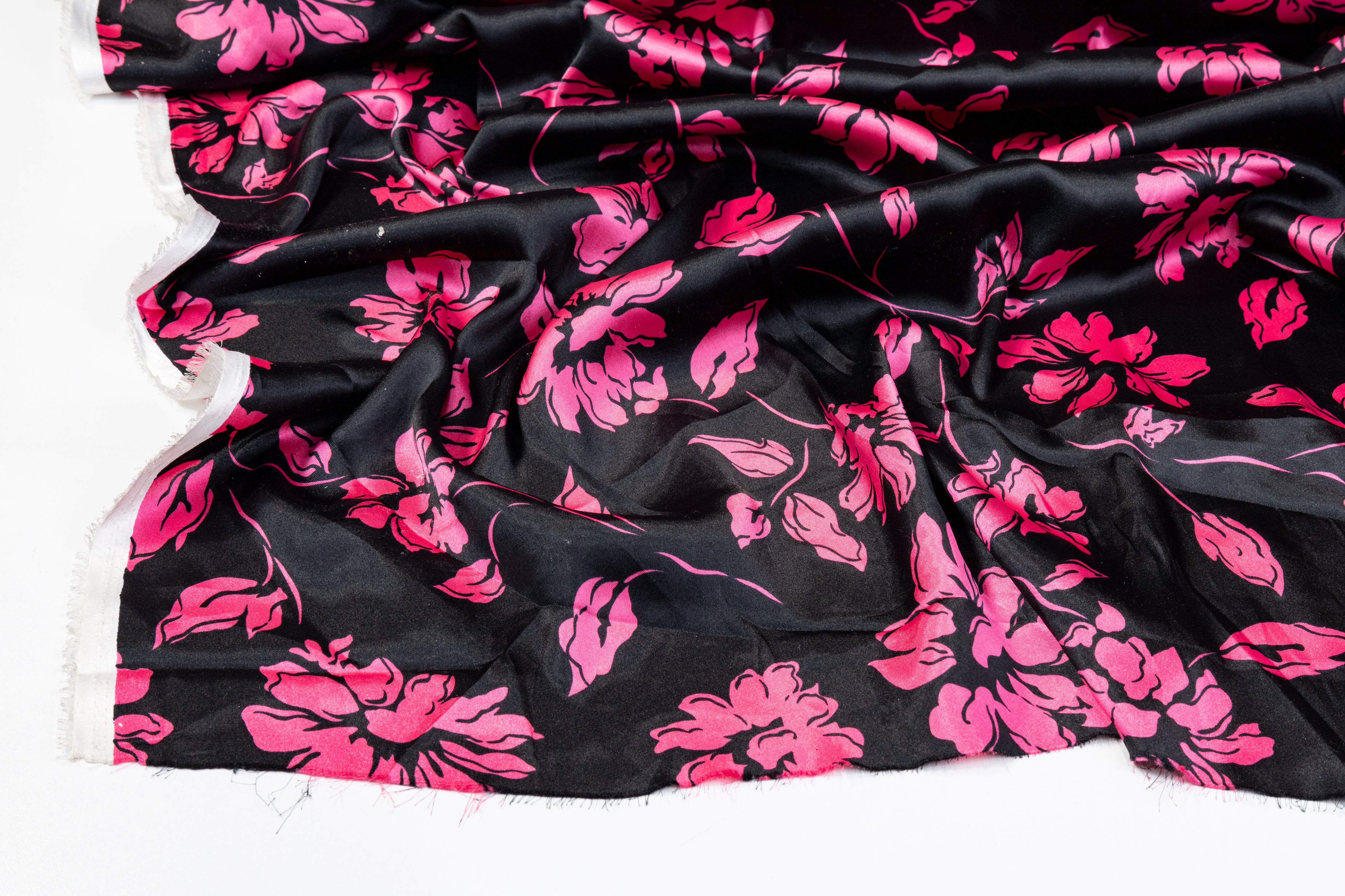 Floral Polyester Charmeuse - Pink and Black