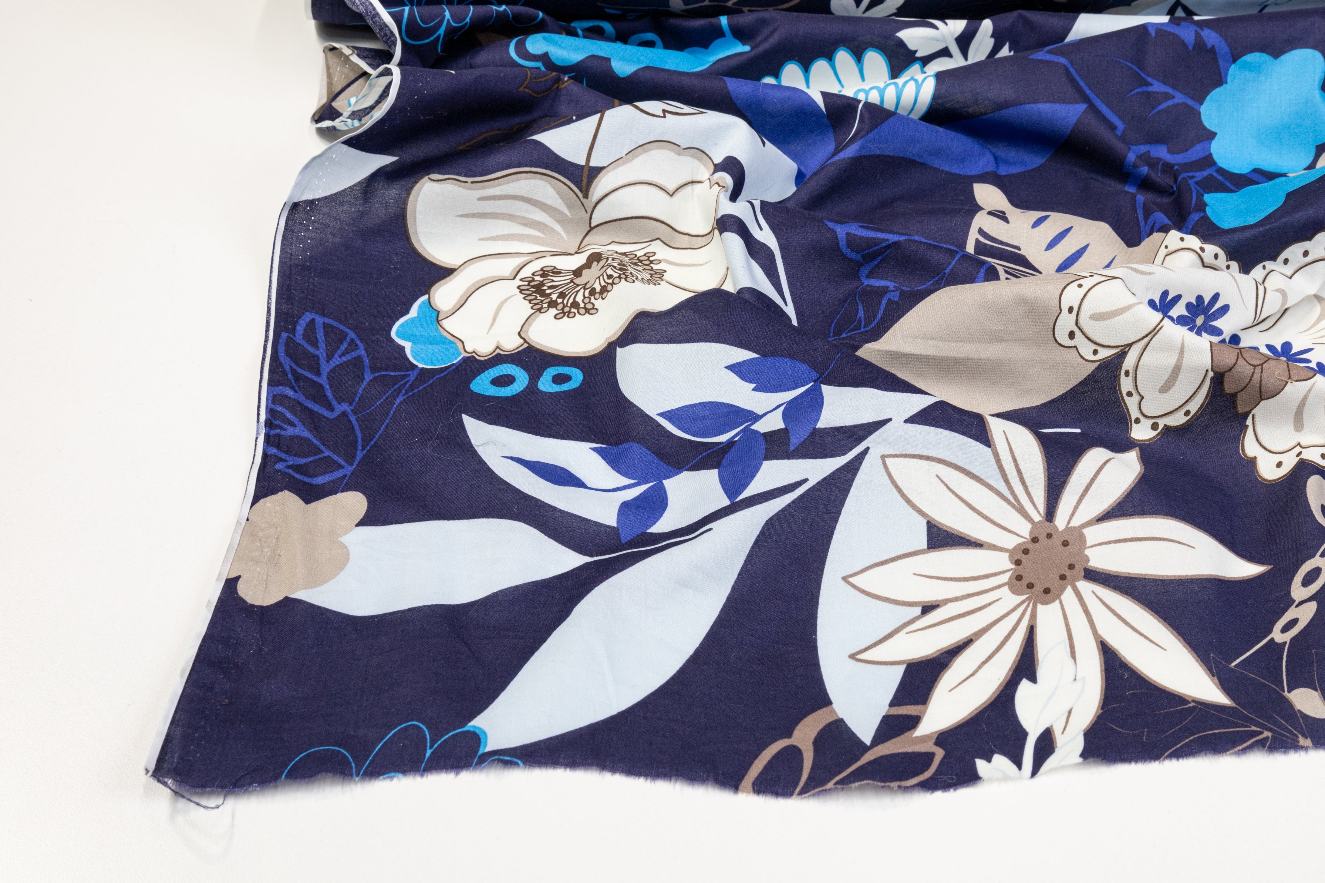 Floral Cotton Print - Blue, White, Gray