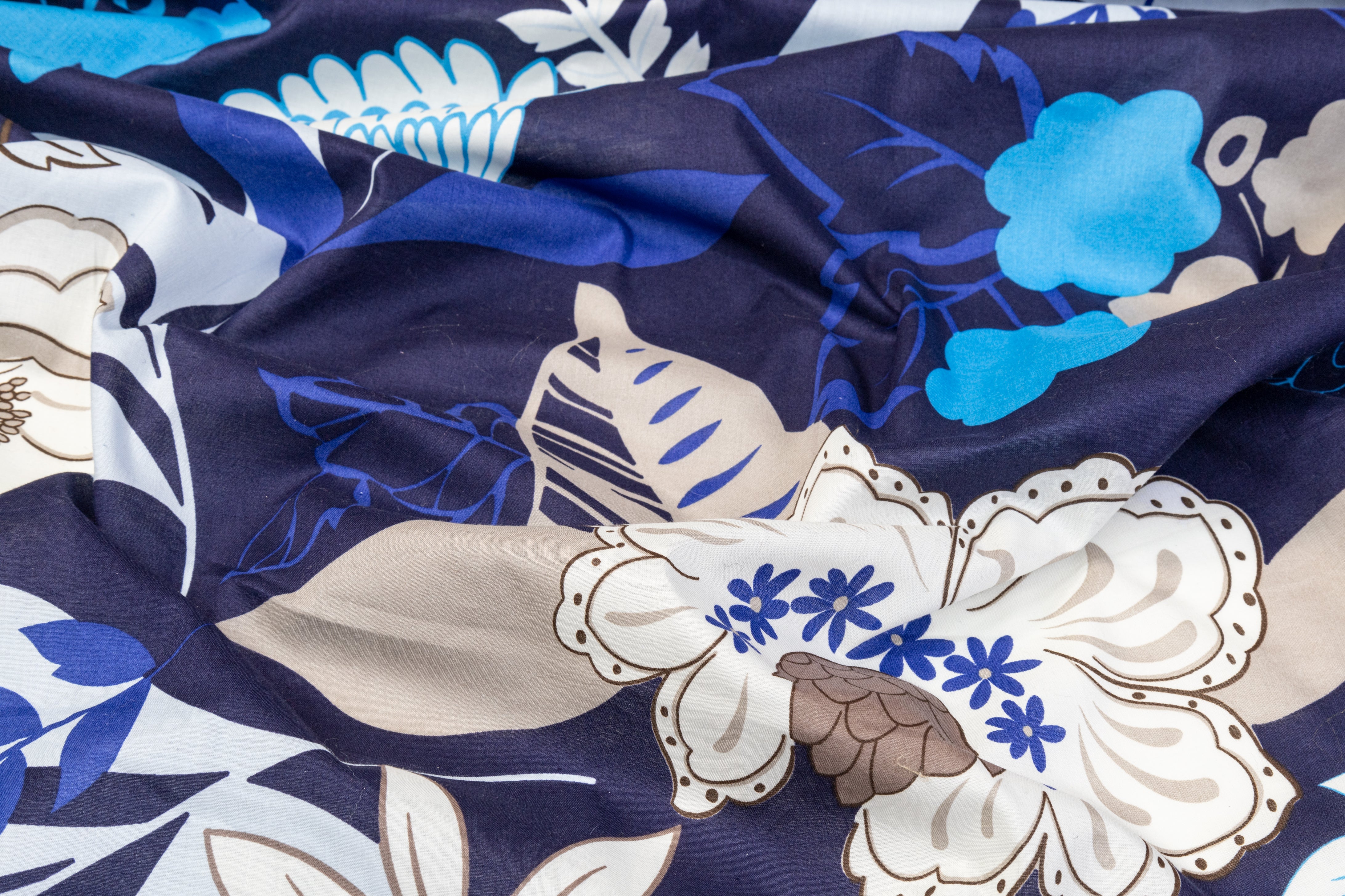 Floral Cotton Print - Blue, White, Gray