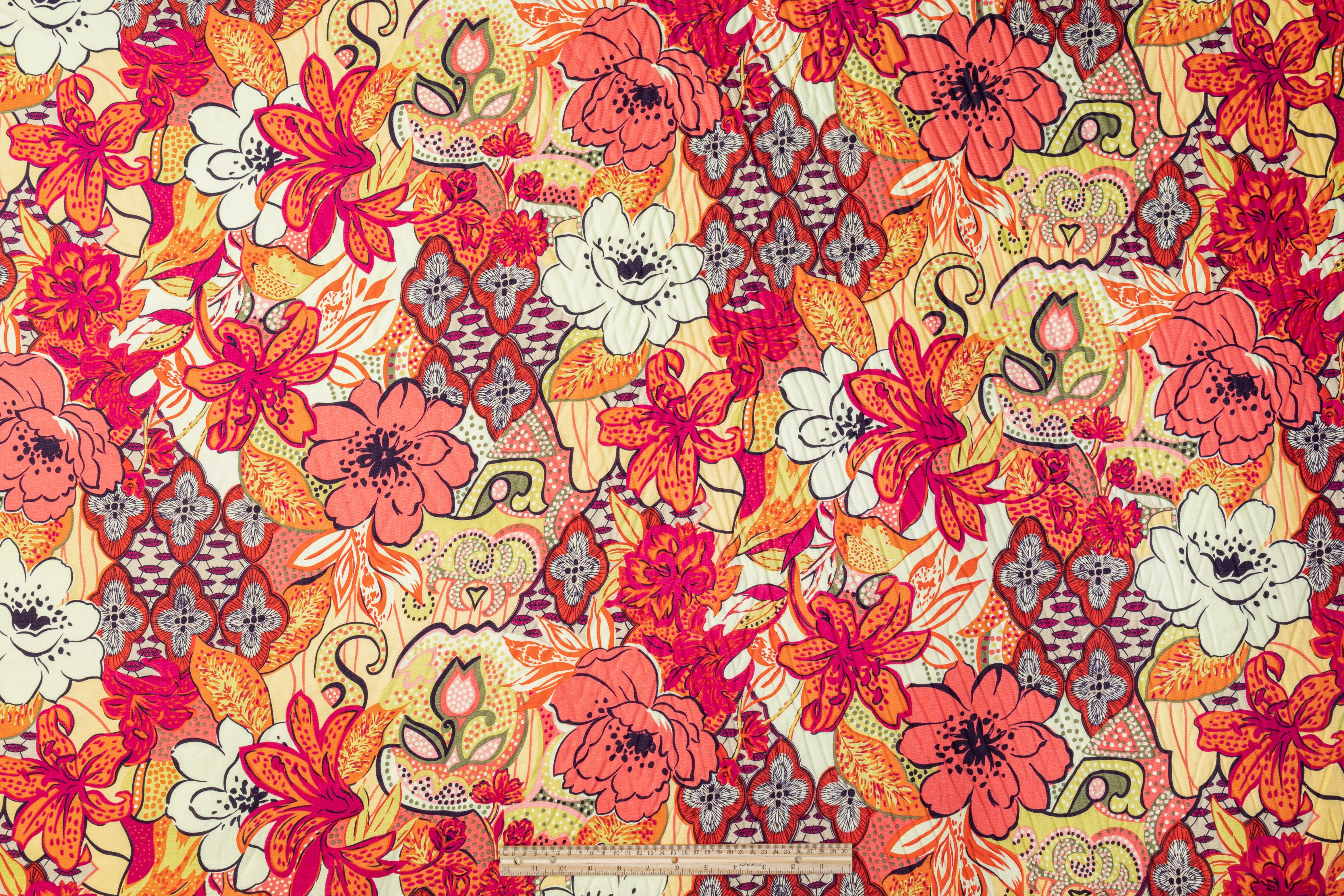 Floral Cotton and Linen Blend - Red, Orange, Yellow