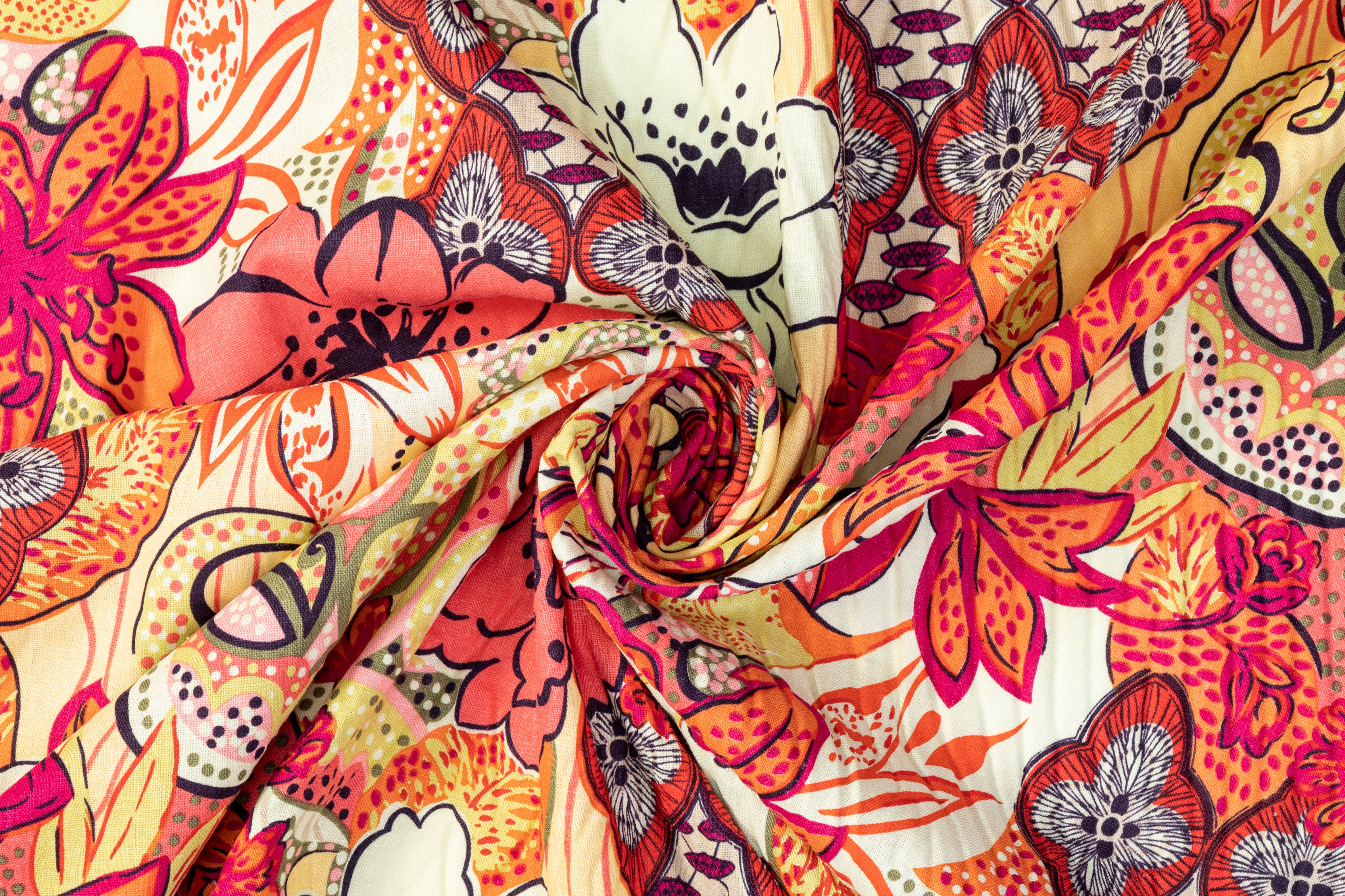 Floral Cotton and Linen Blend - Red, Orange, Yellow