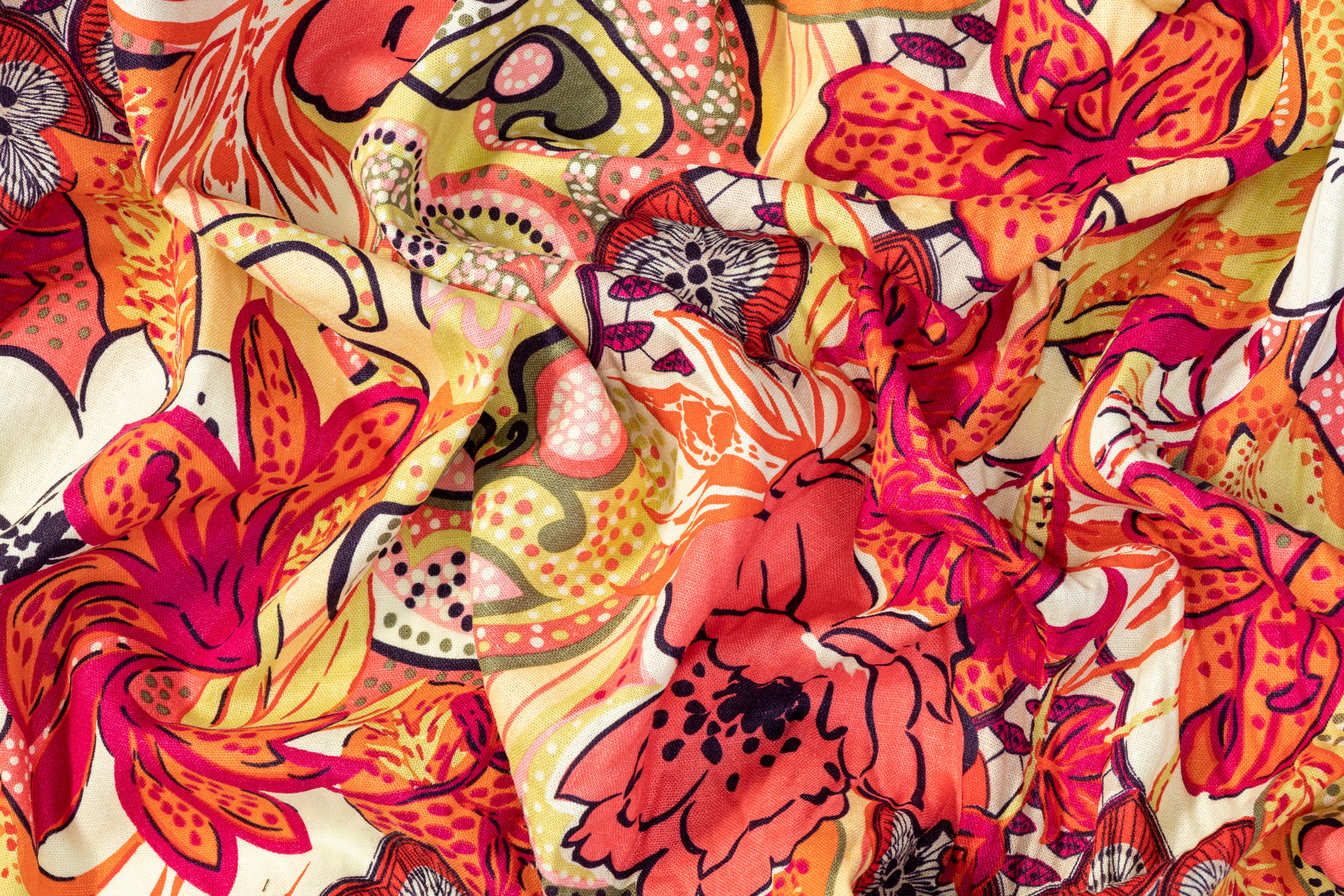 Floral Cotton and Linen Blend - Red, Orange, Yellow