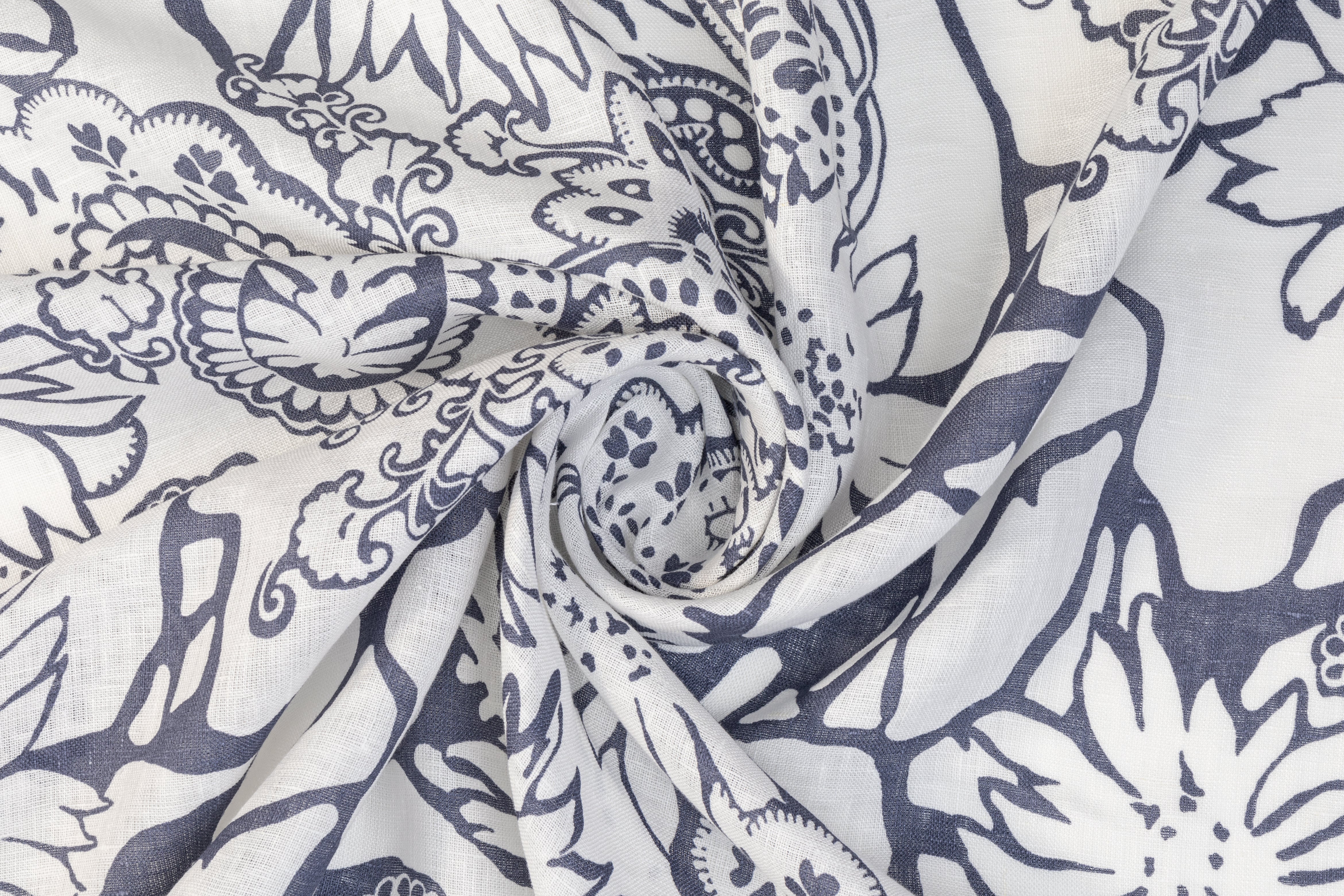 Floral Paisley Italian Linen - White and Blue