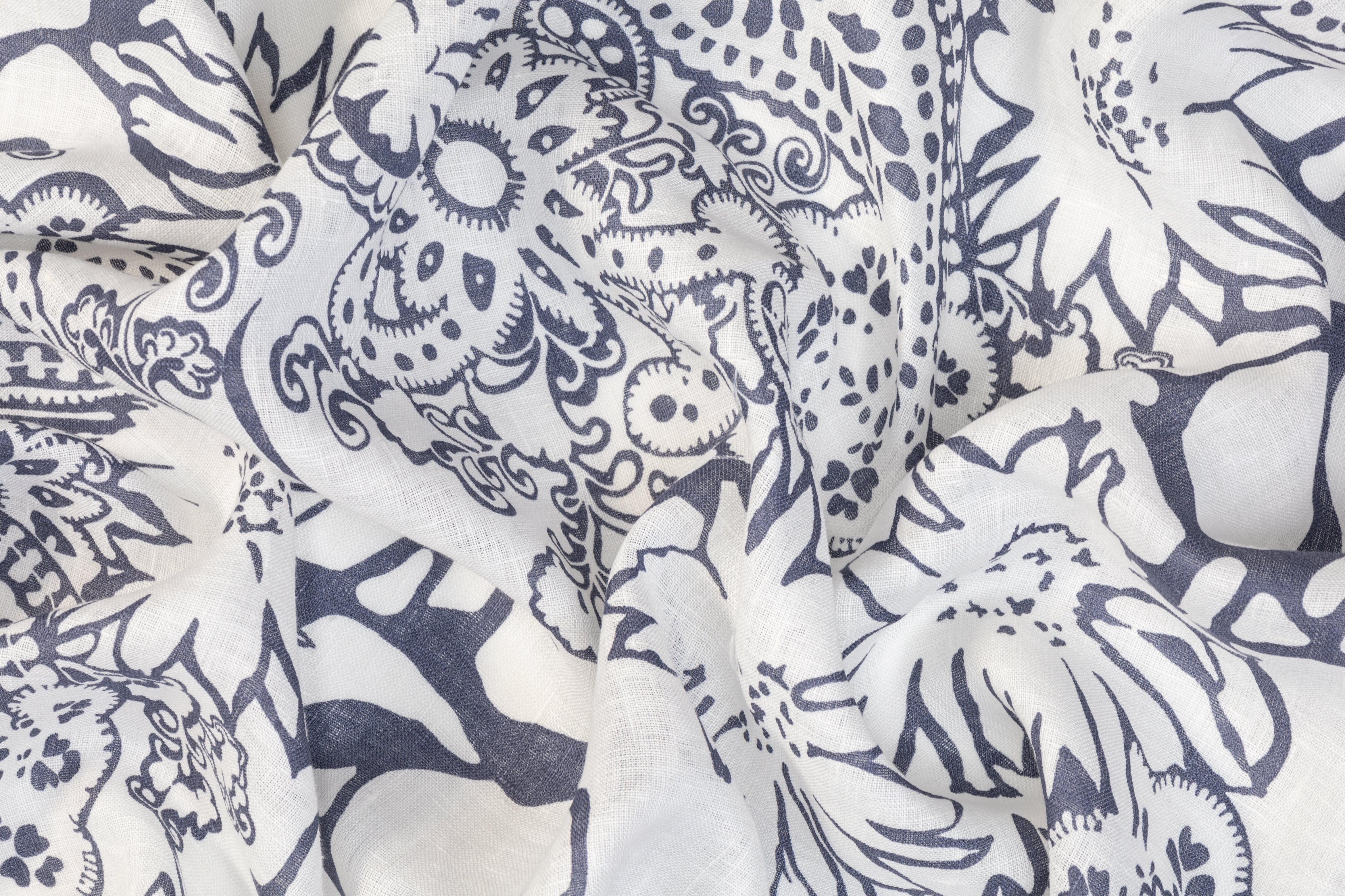Floral Paisley Italian Linen - White and Blue