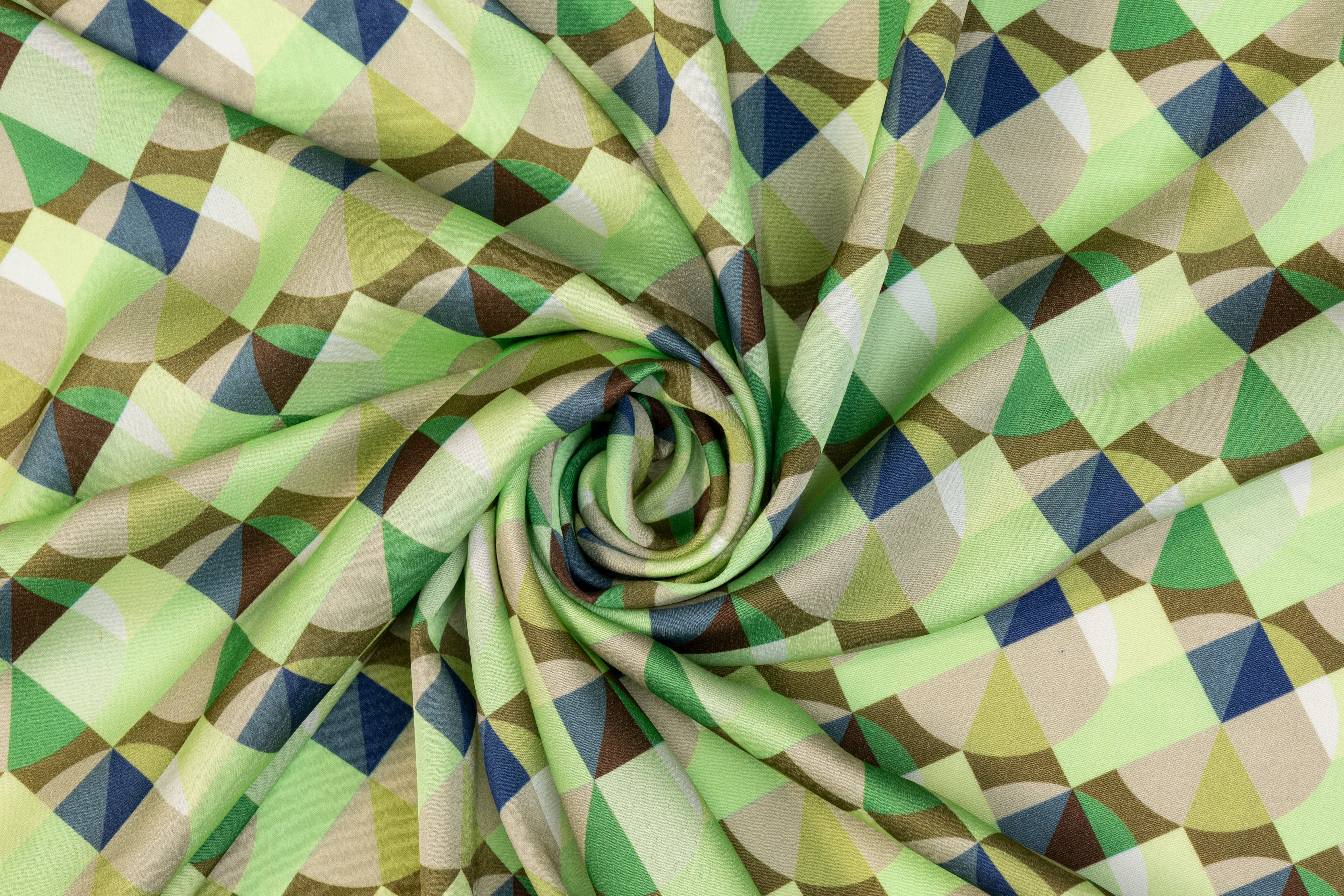 Geometric Italian Viscose Charmeuse - Green, Blue, Khaki