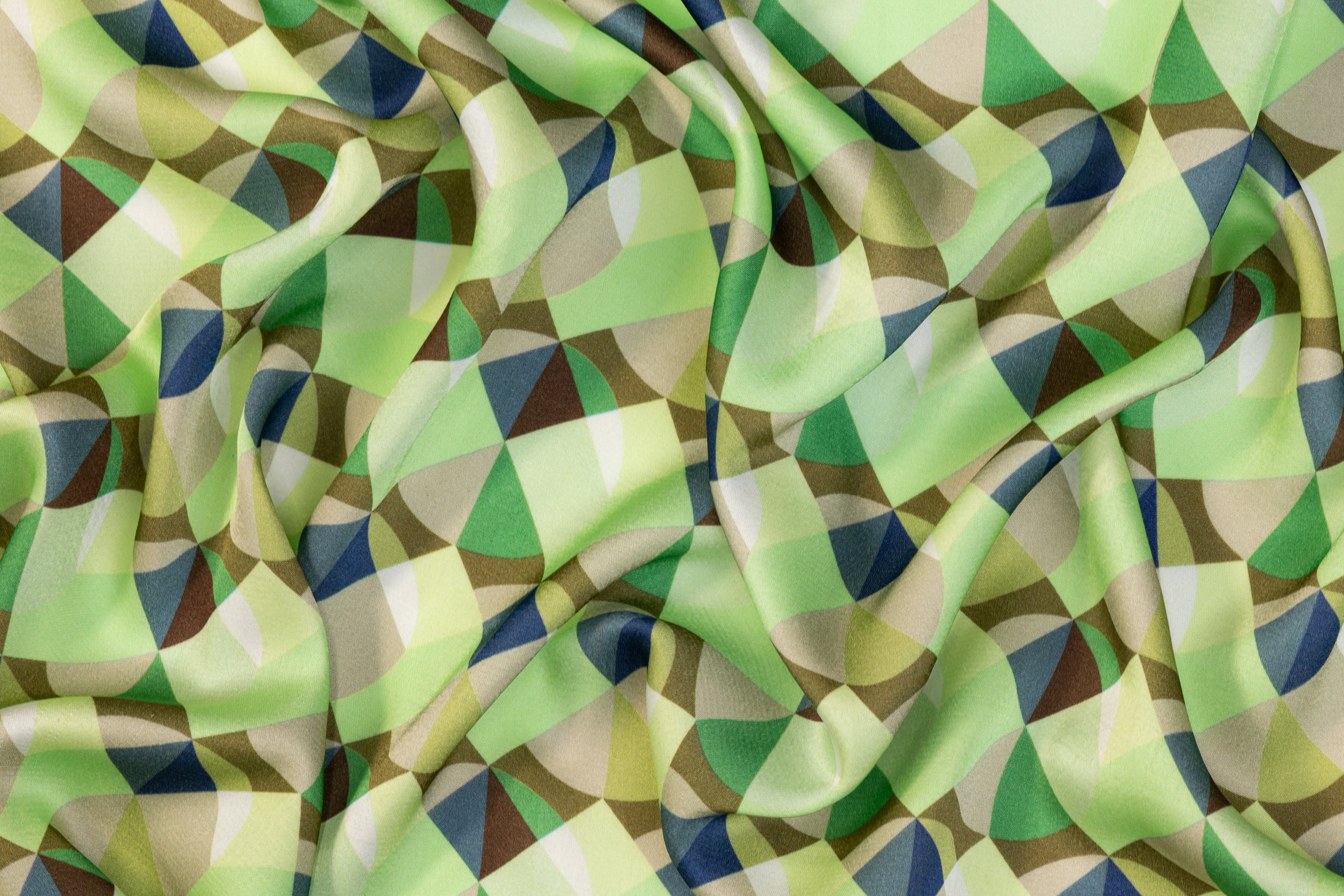 Geometric Italian Viscose Charmeuse - Green, Blue, Khaki