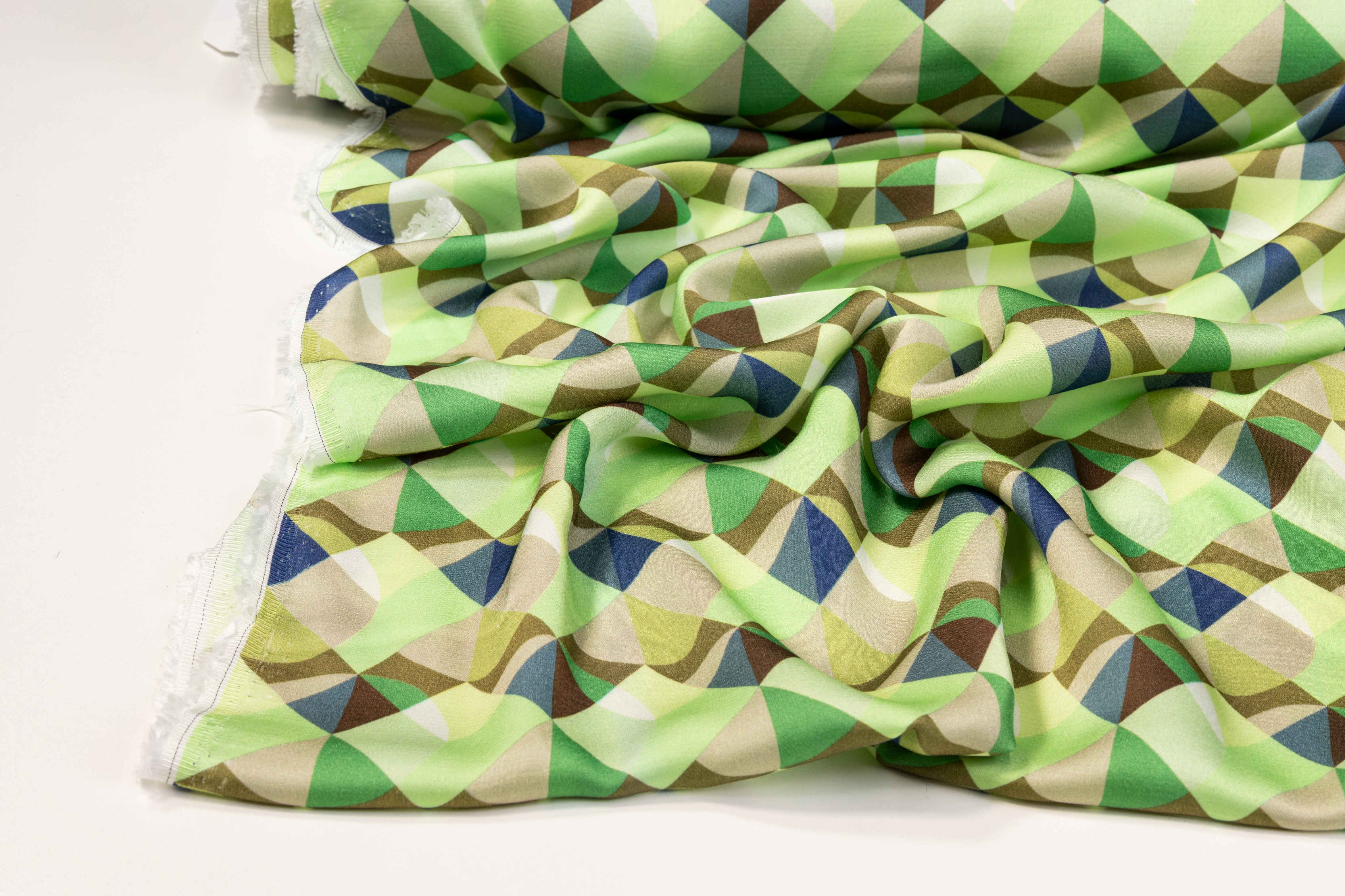 Geometric Italian Viscose Charmeuse - Green, Blue, Khaki