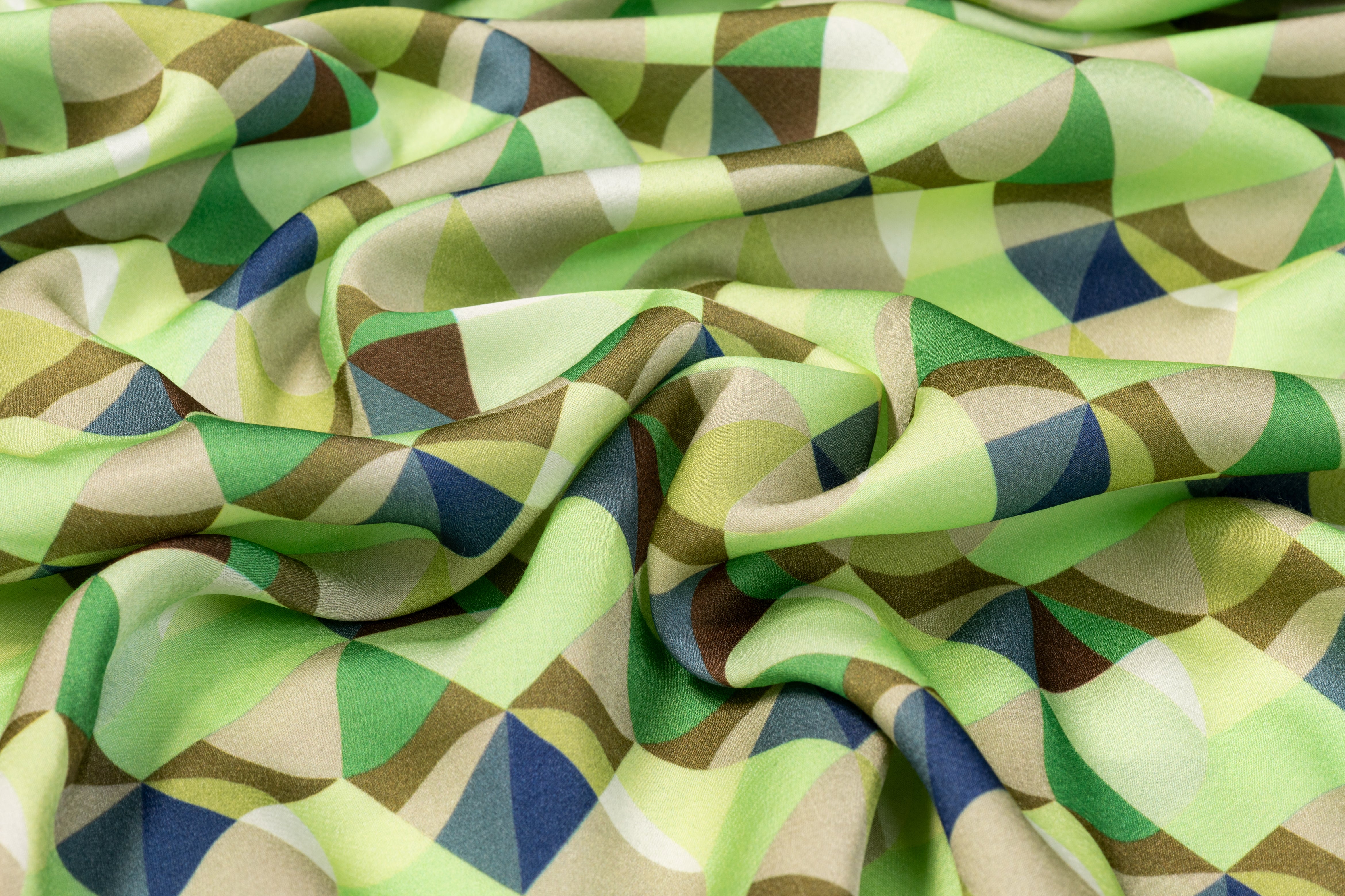 Geometric Italian Viscose Charmeuse - Green, Blue, Khaki