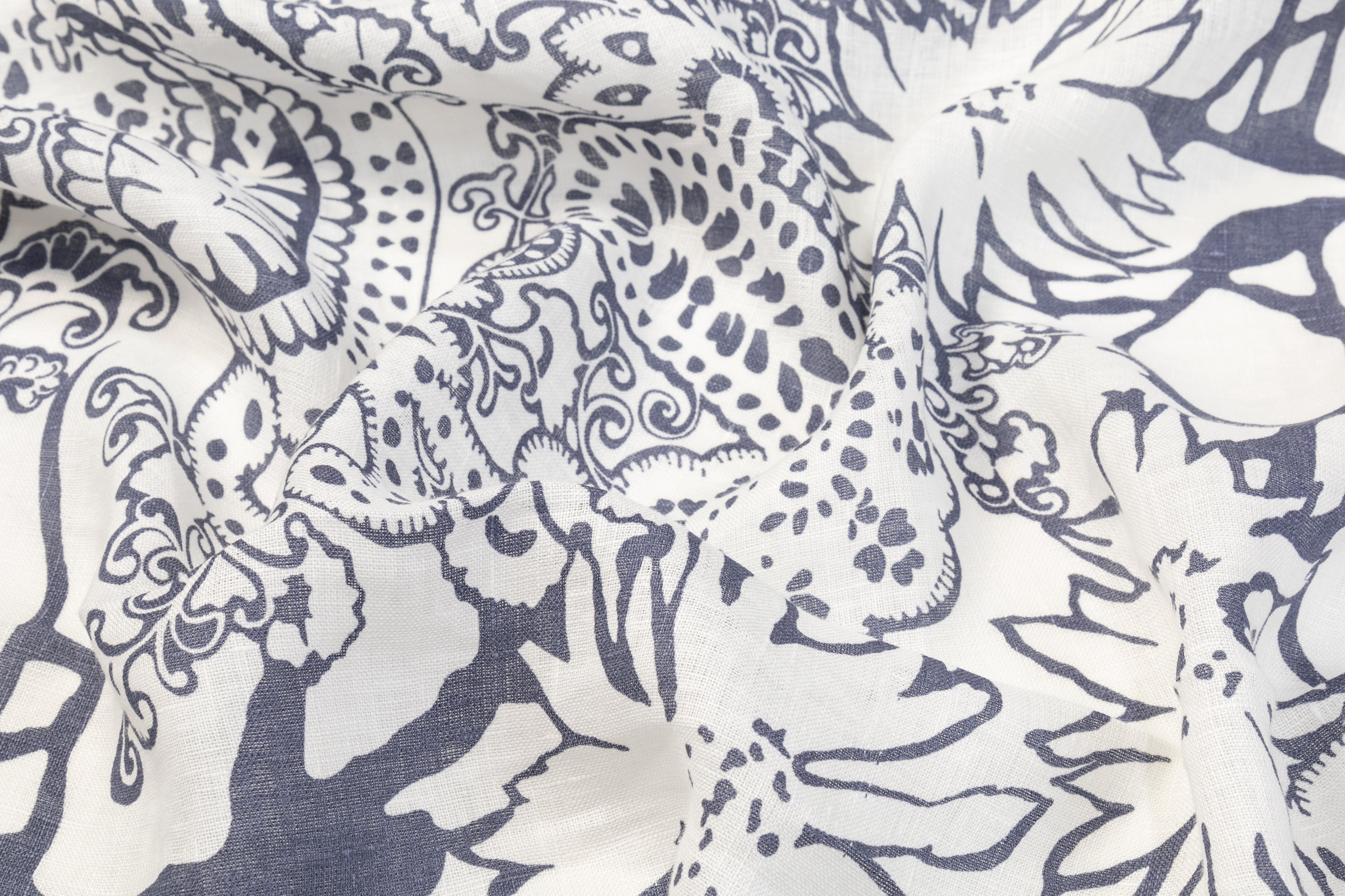 Floral Paisley Italian Linen - White and Blue