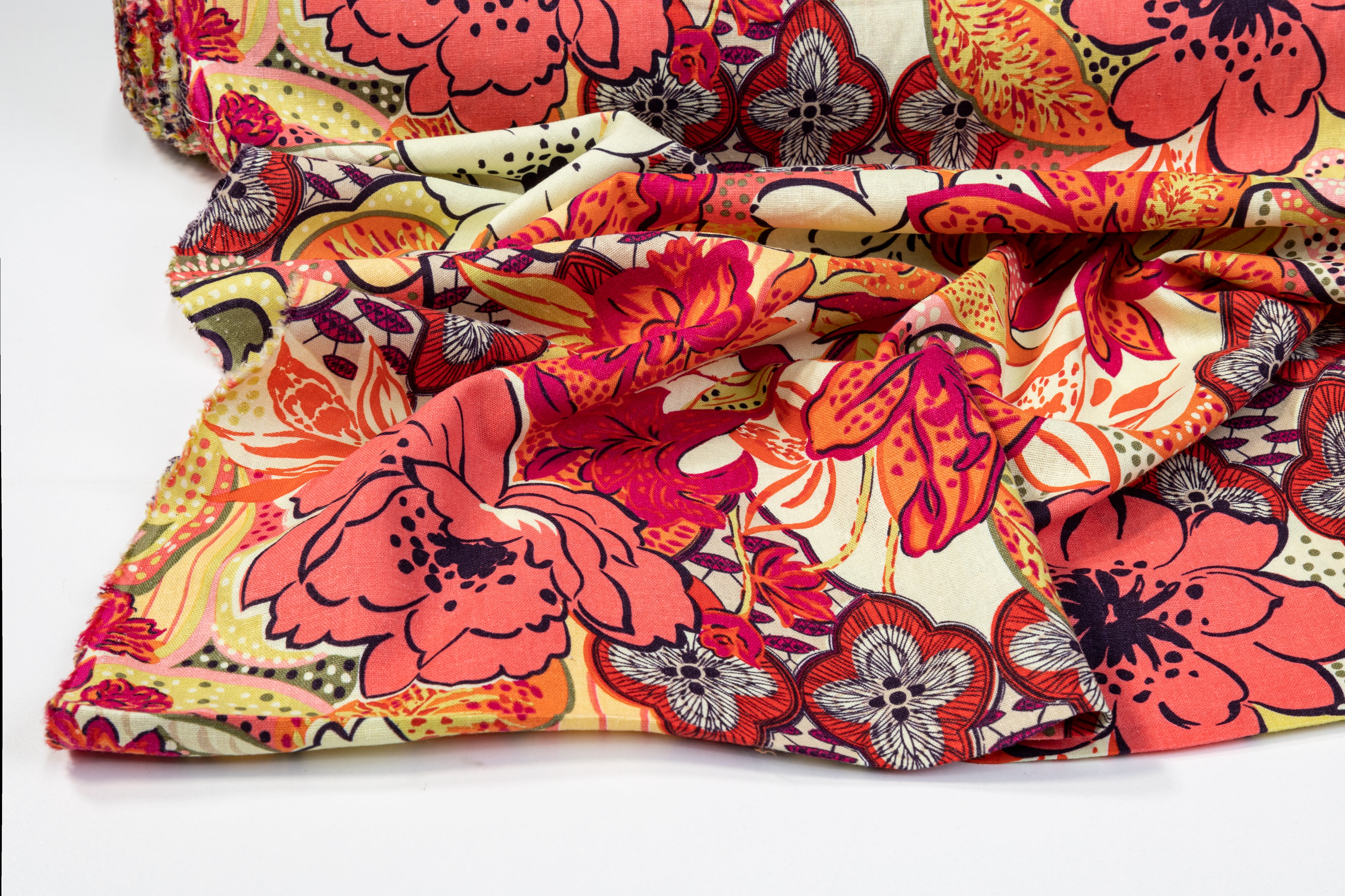 Floral Cotton and Linen Blend - Red, Orange, Yellow