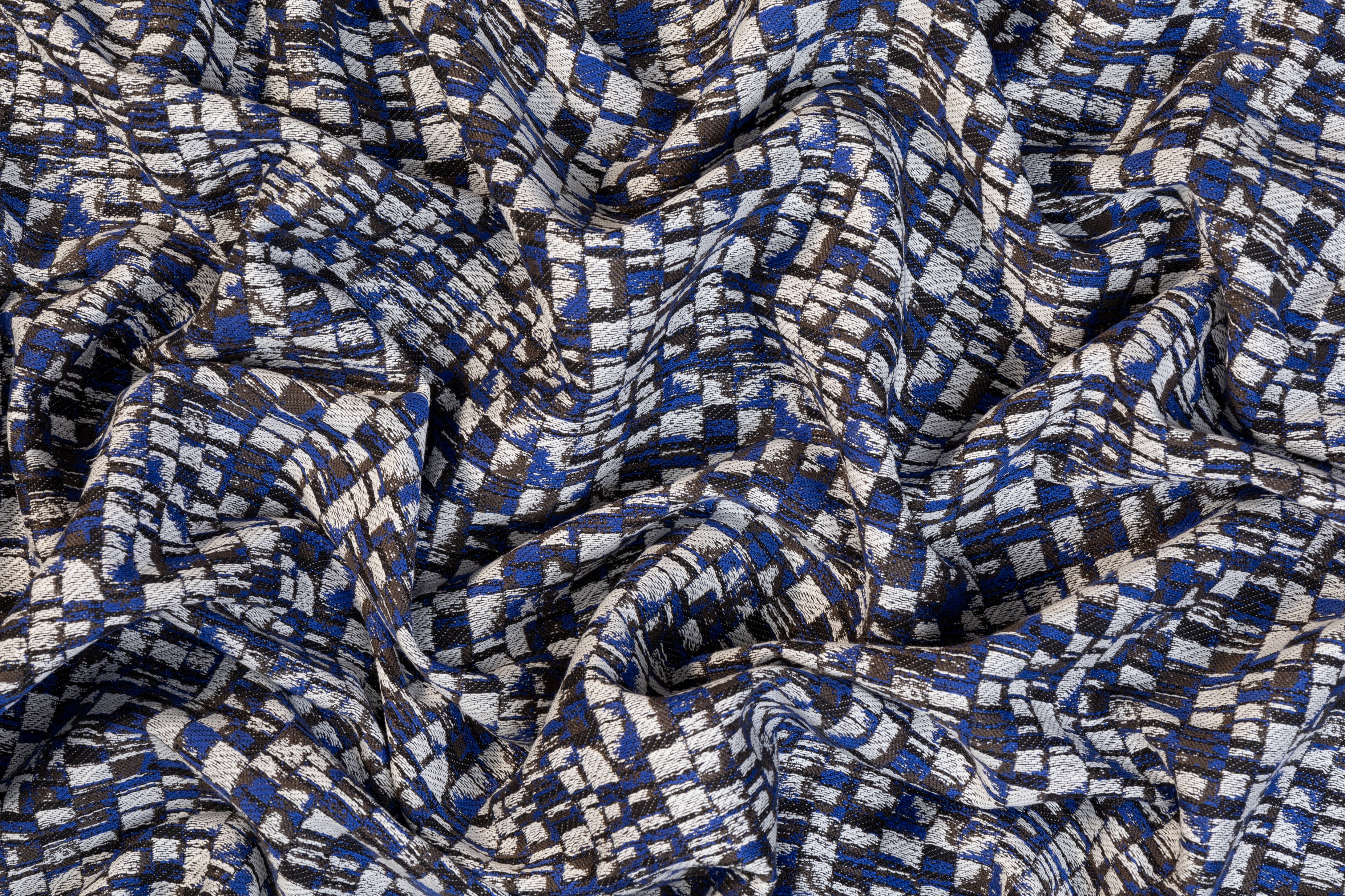 Italian Cotton Viscose Brocade - Blue, White, Black