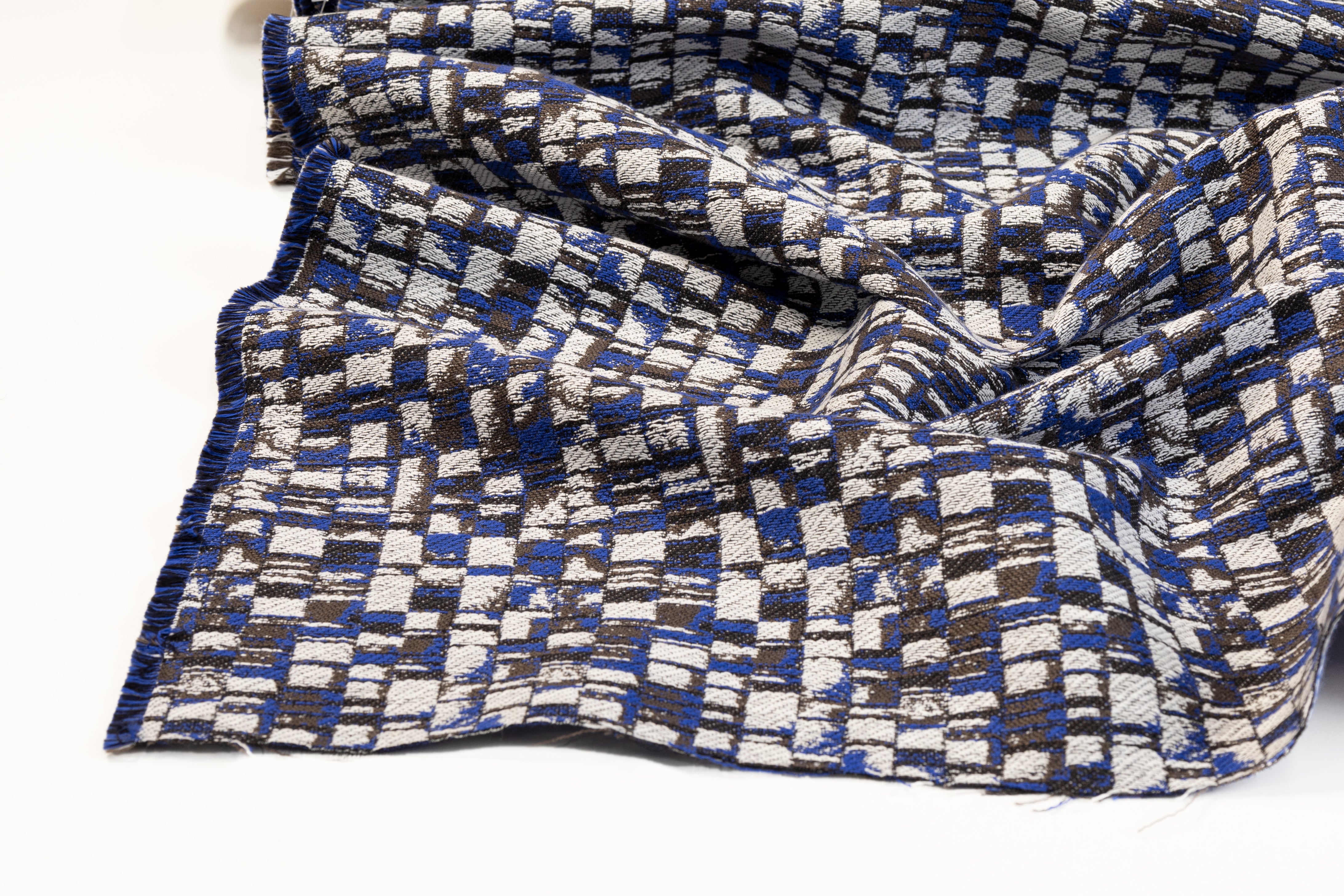 Italian Cotton Viscose Brocade - Blue, White, Black