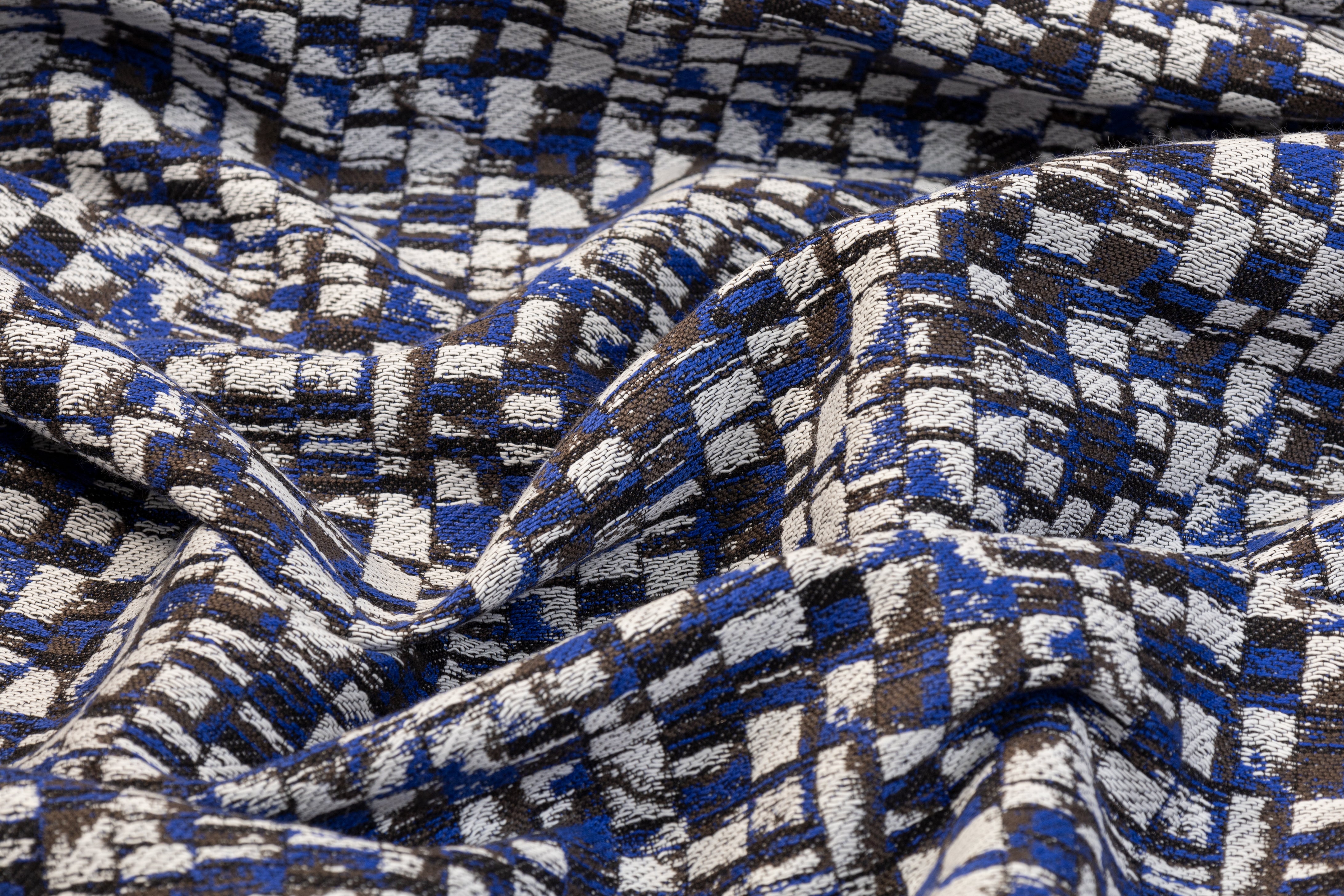 Italian Cotton Viscose Brocade - Blue, White, Black