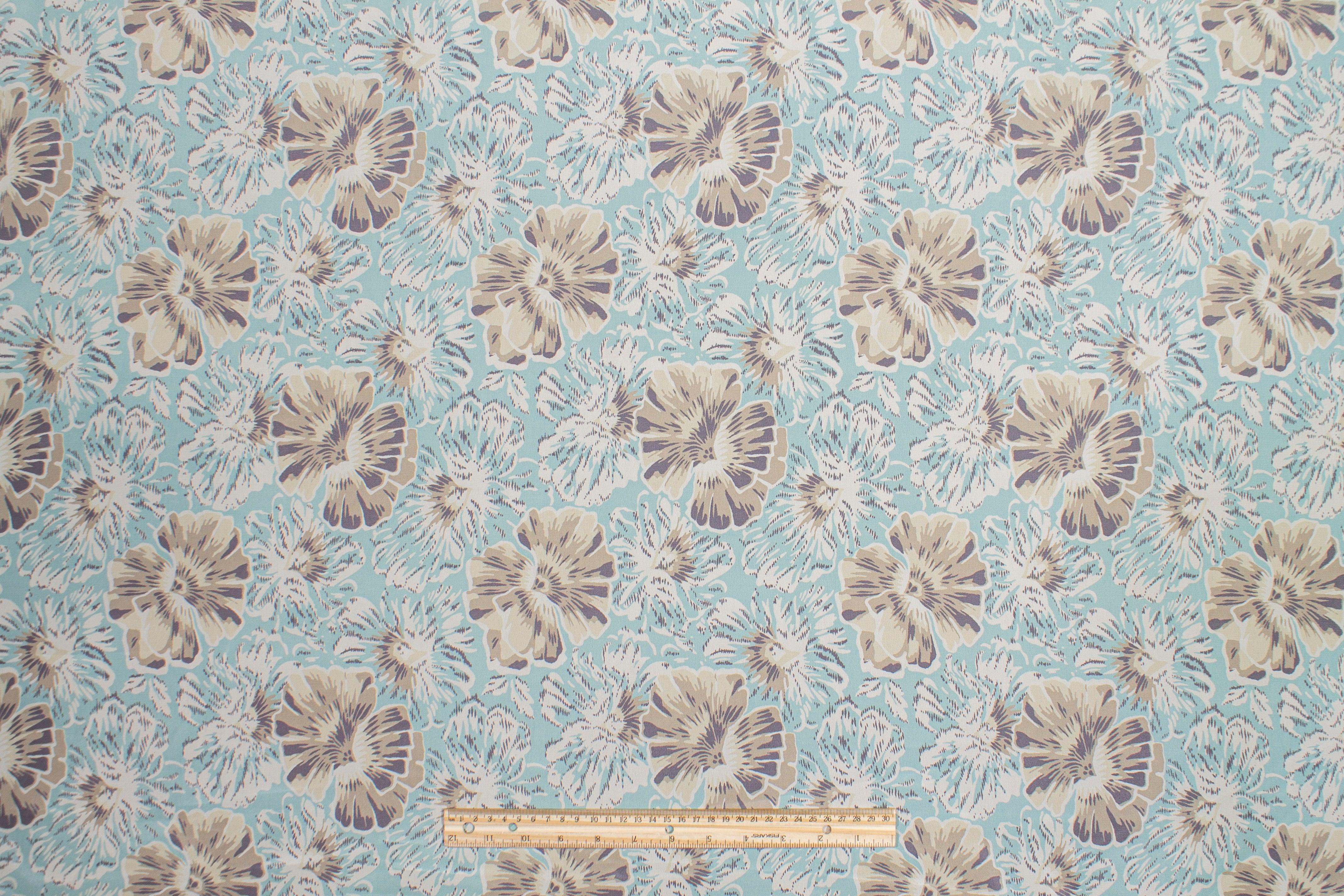 Floral Silk Crepe De Chine - Turquoise and Khaki - Prime Fabrics