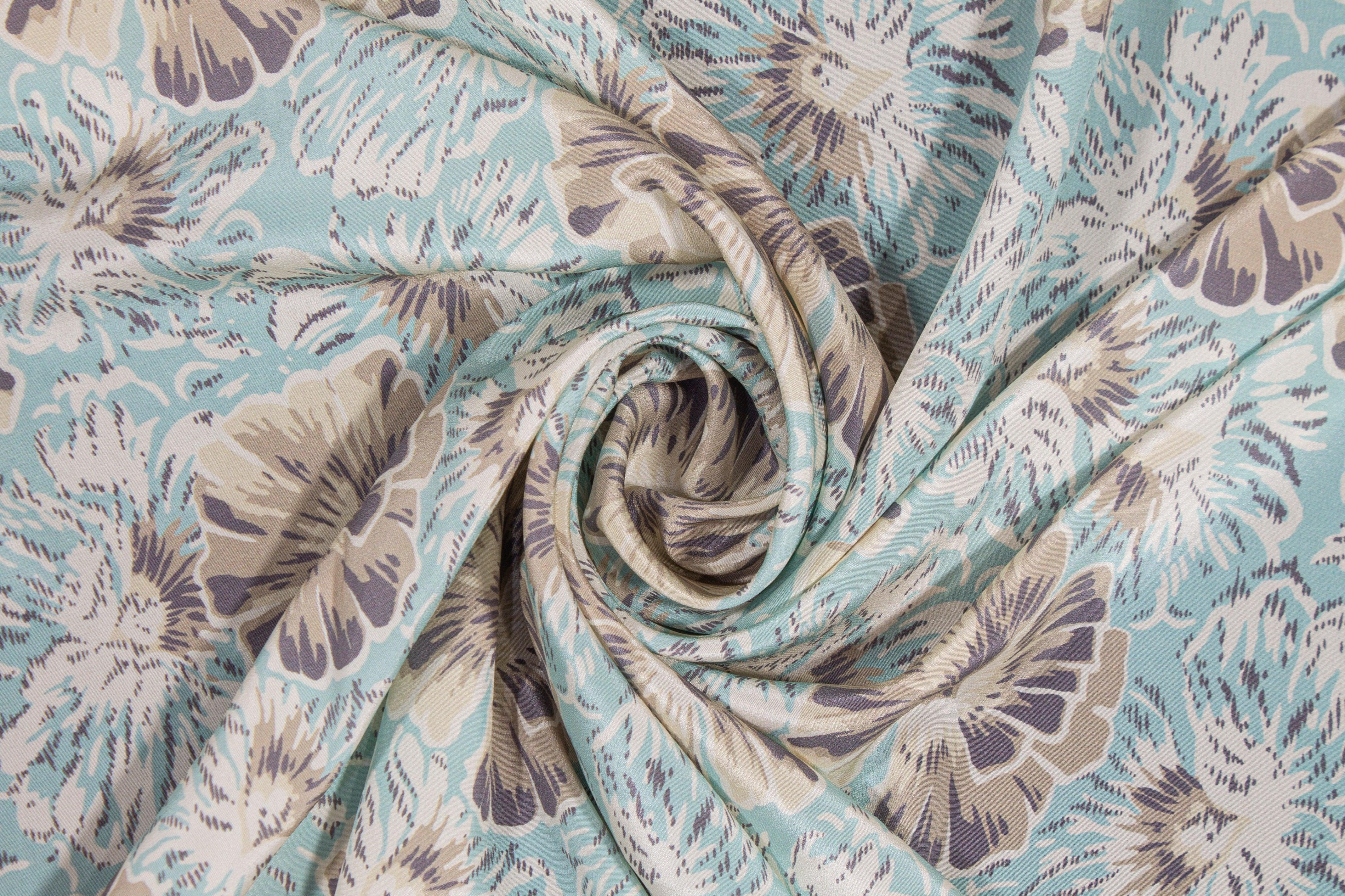 Floral Silk Crepe De Chine - Turquoise and Khaki - Prime Fabrics