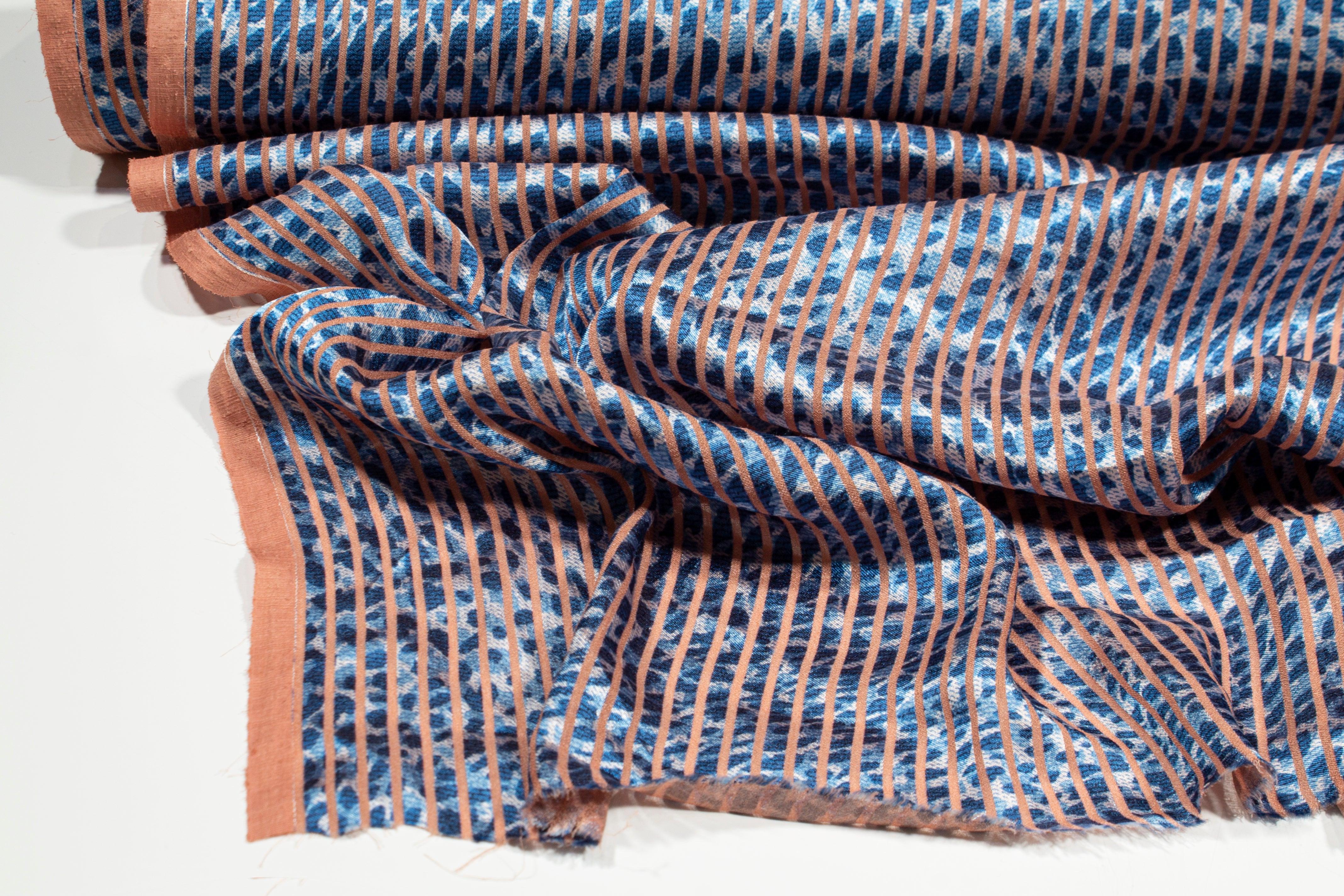 Peach and Blue Striped Polyester Burnout - Prime Fabrics