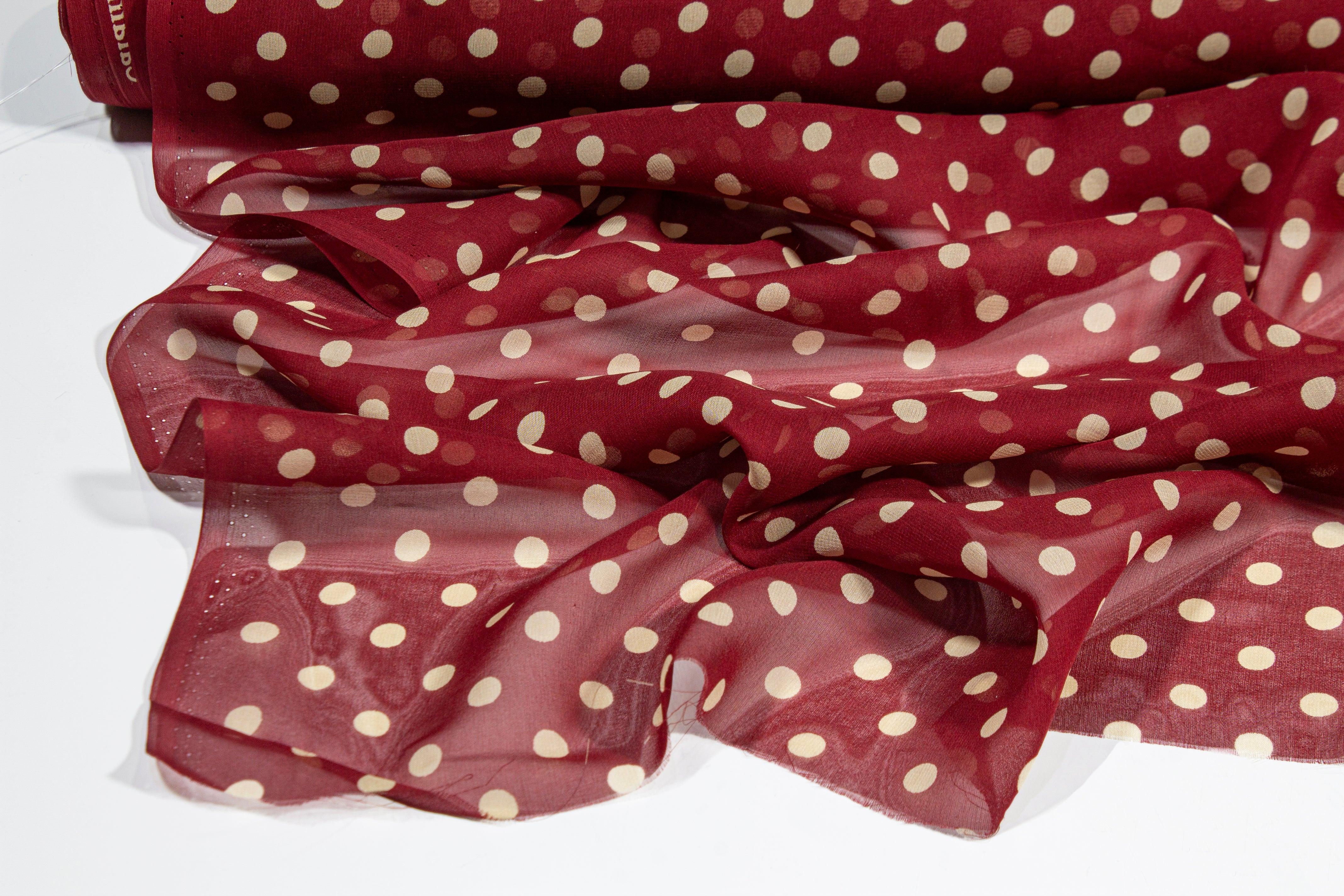Polka Dot Silk Chiffon - Burgundy and Beige - Prime Fabrics