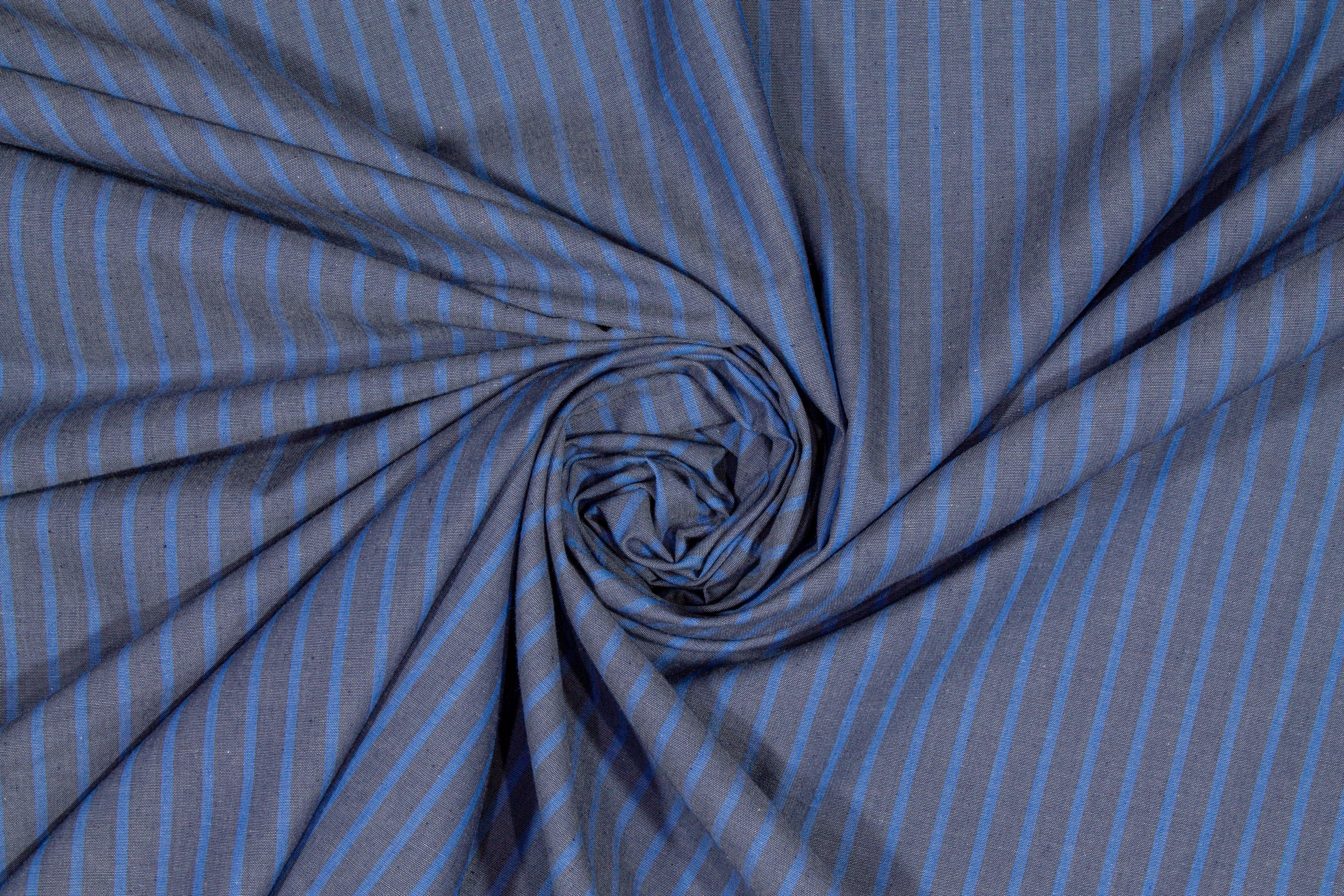 Striped Poly Cotton Shirting - Blue and Gray - Prime Fabrics