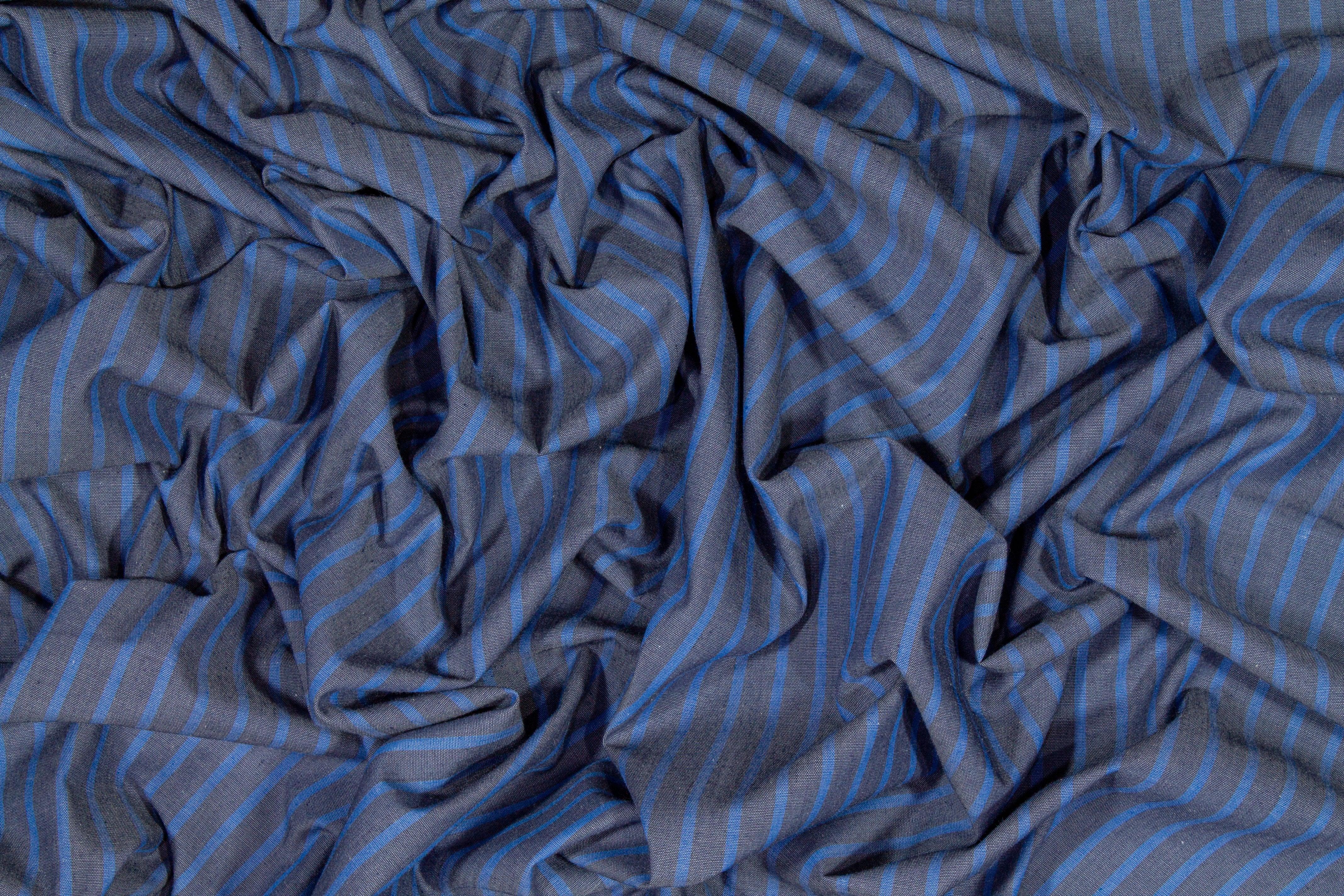 Striped Poly Cotton Shirting - Blue and Gray - Prime Fabrics