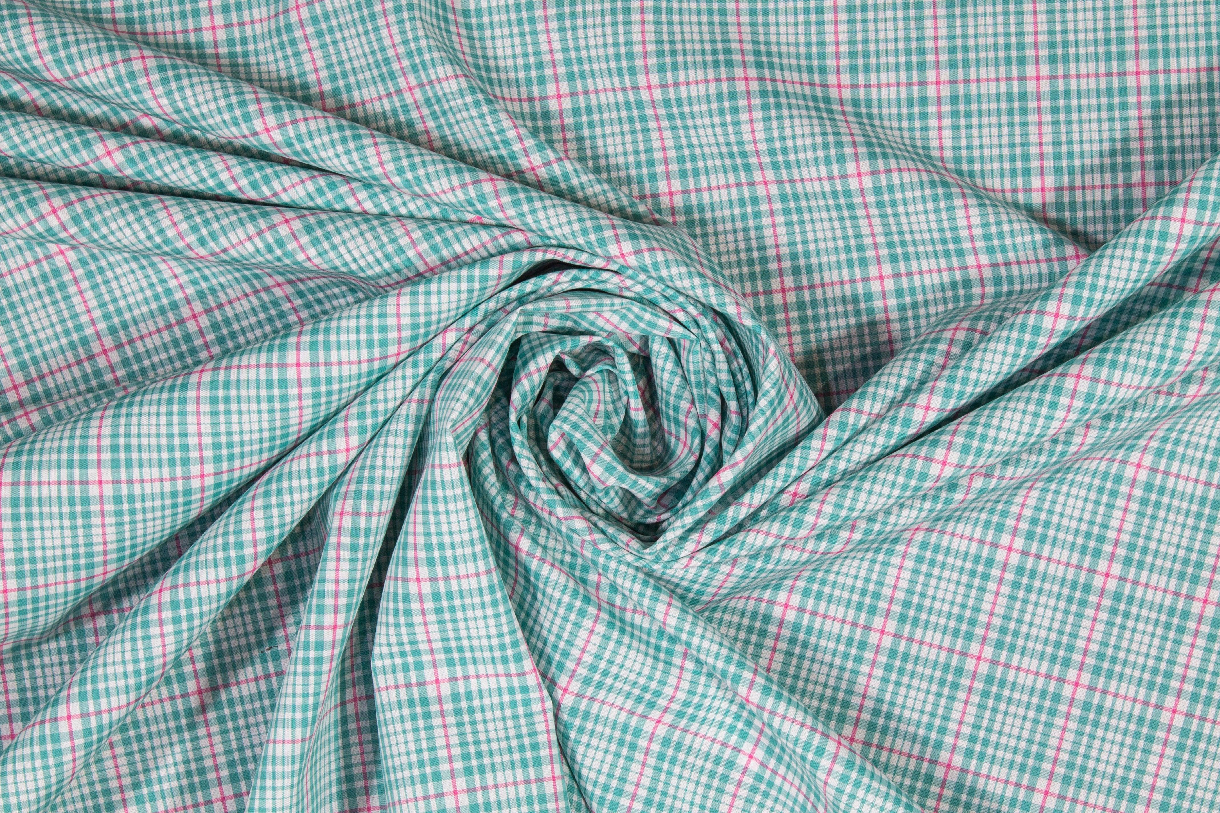 Plaid Cotton Shirting - Green, Pink, White - Prime Fabrics
