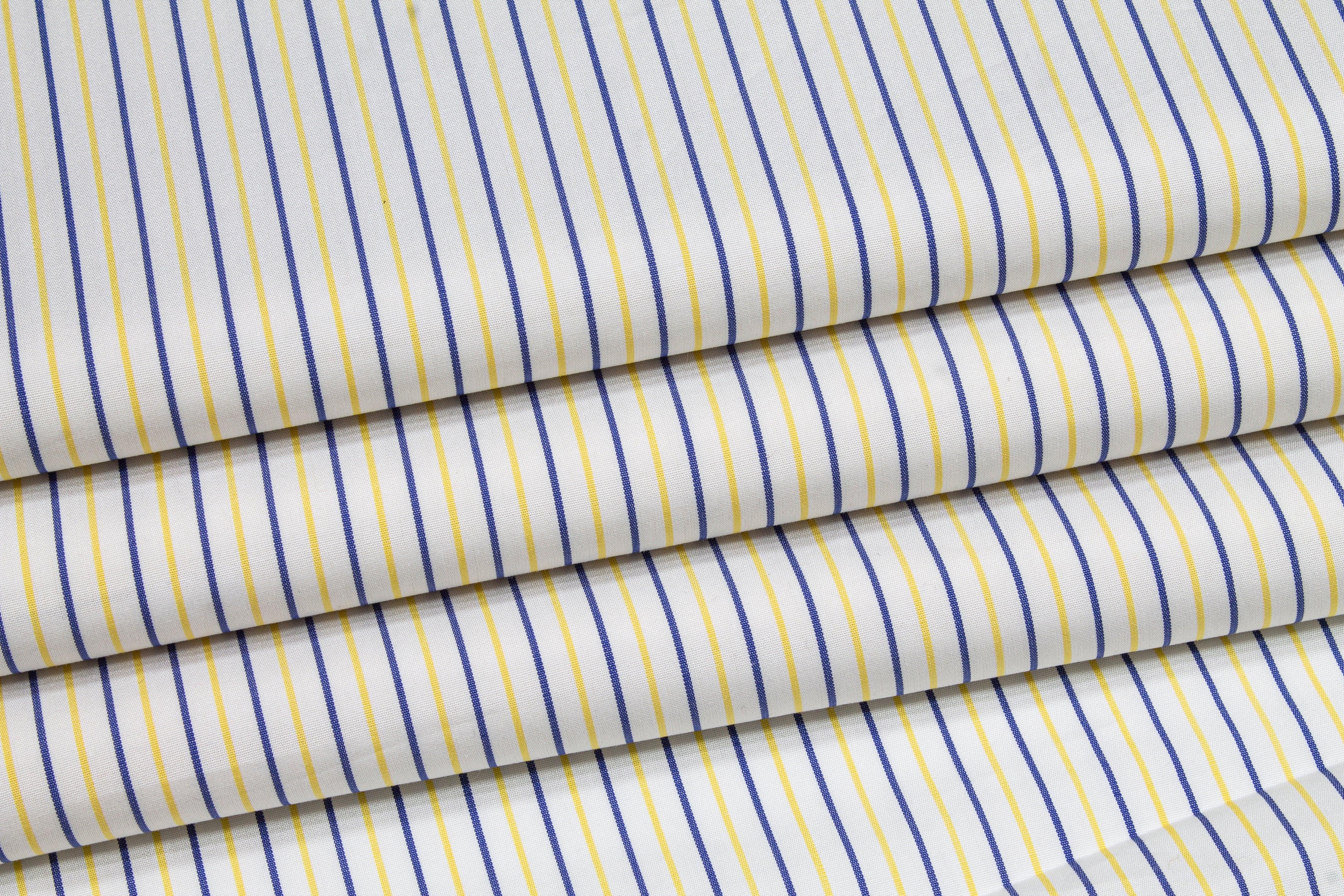 Striped Cotton Shirting - Blue, Yellow, White - Prime Fabrics