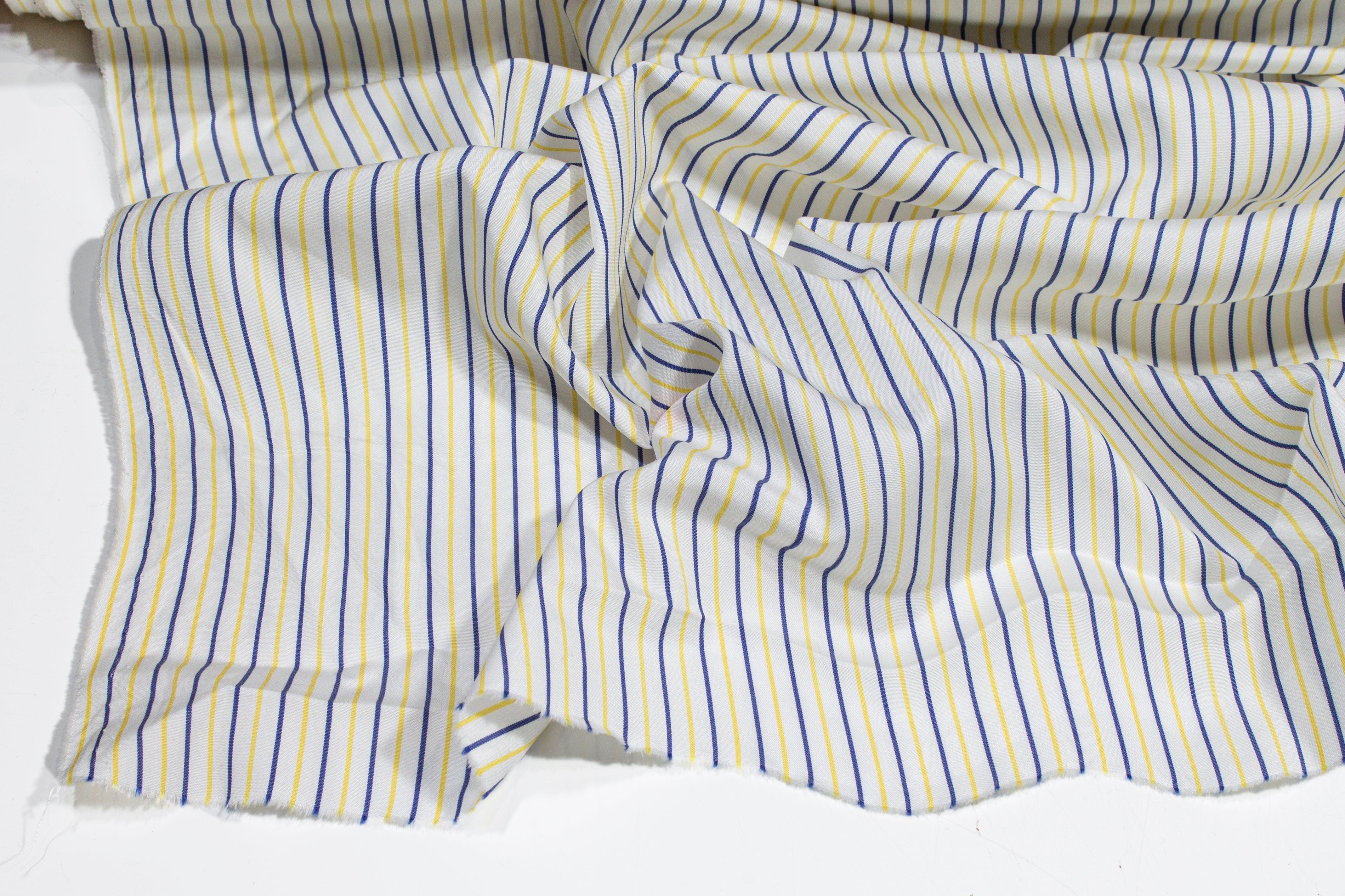 Striped Cotton Shirting - Blue, Yellow, White - Prime Fabrics