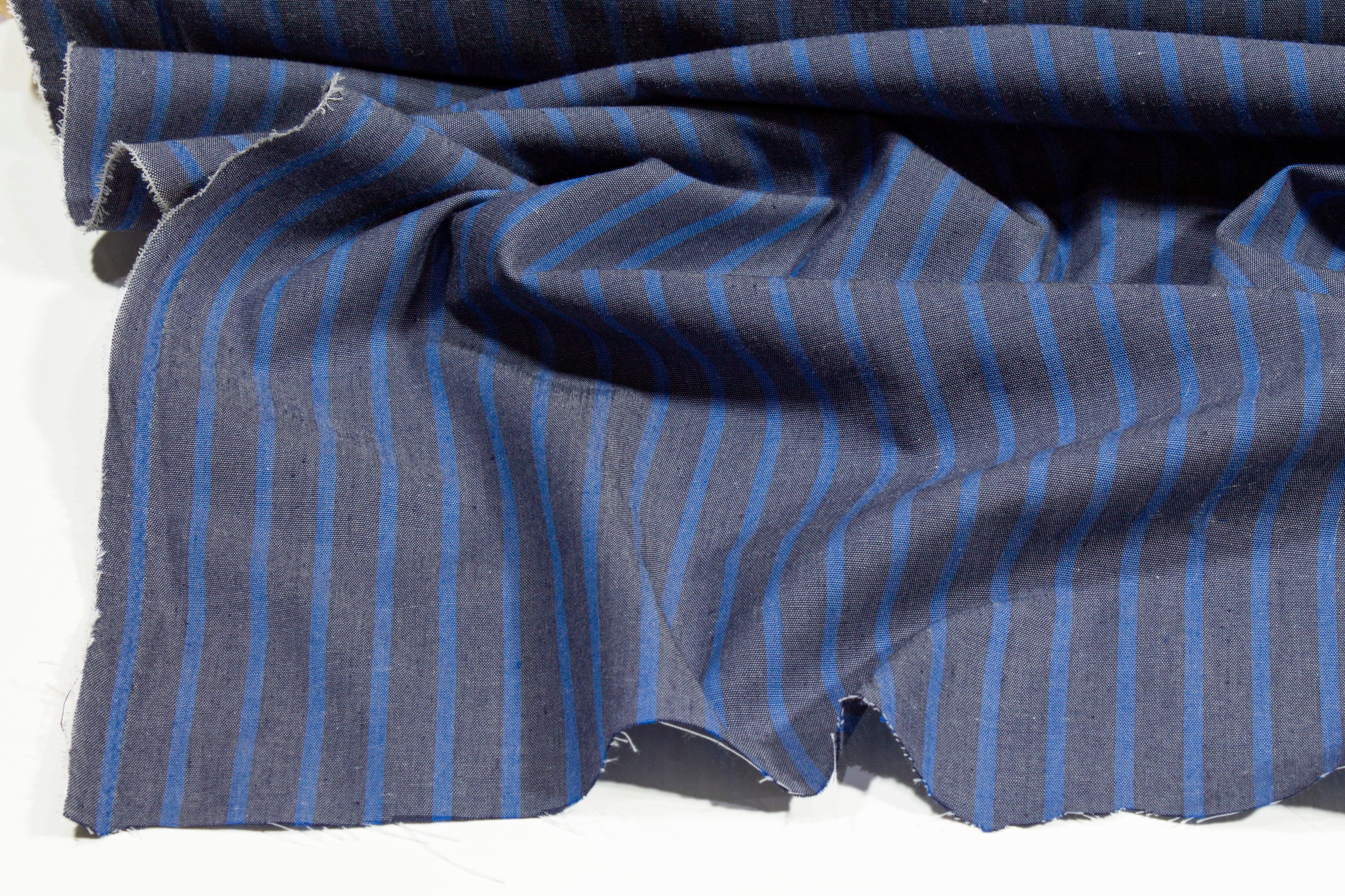Striped Poly Cotton Shirting - Blue and Gray - Prime Fabrics
