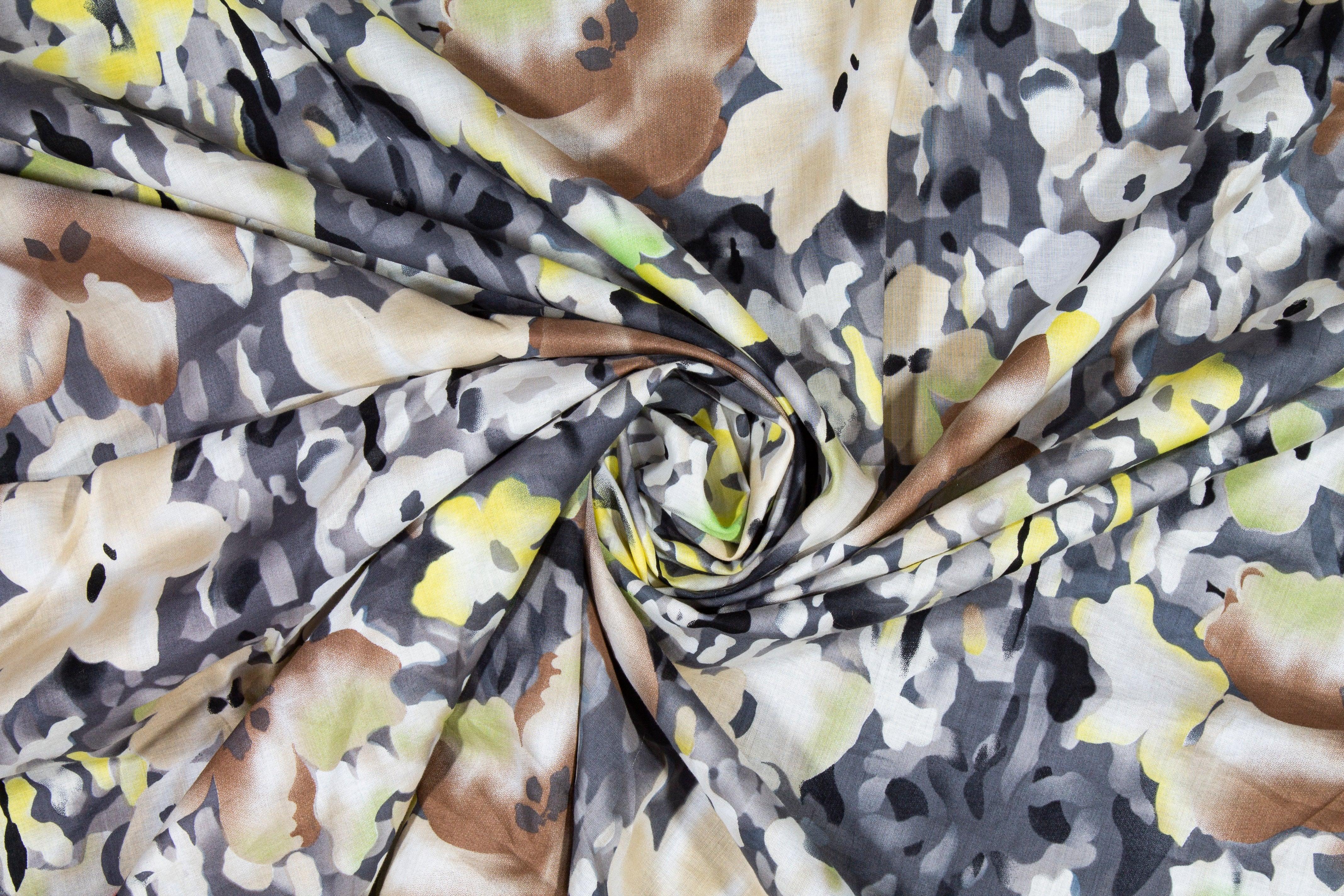 Camo Floral Cotton Voile - Gray, Brown, Green - Prime Fabrics