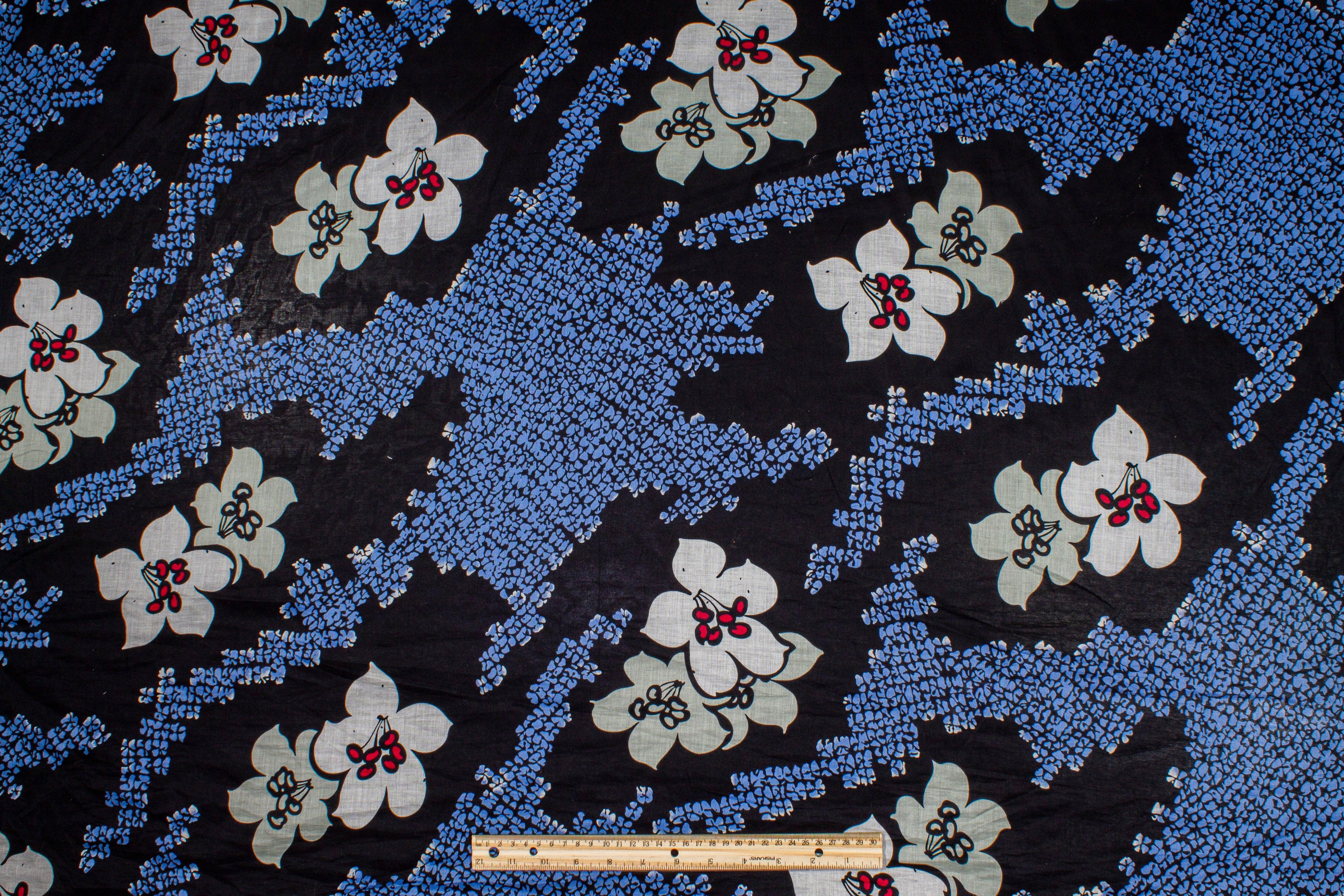 Floral Cotton Voile - Black, Blue, White - Prime Fabrics