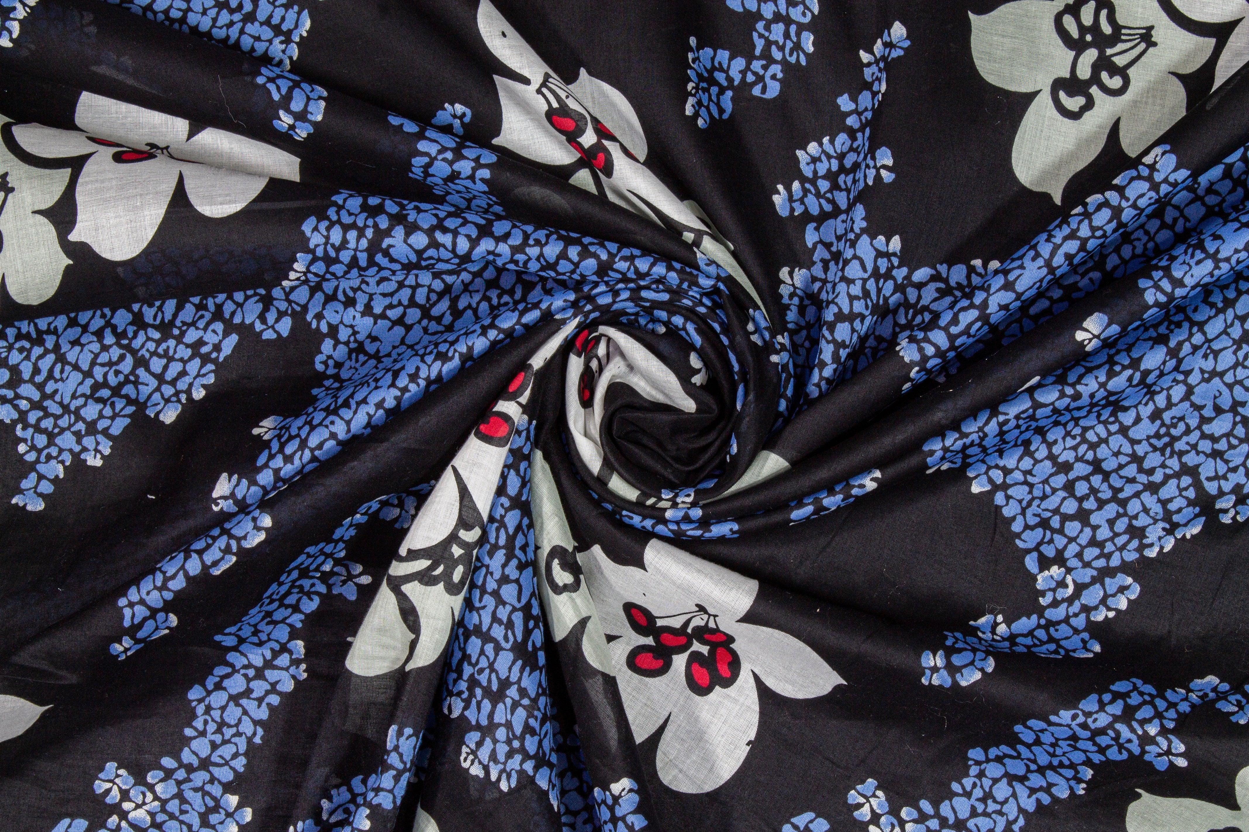 Floral Cotton Voile - Black, Blue, White - Prime Fabrics
