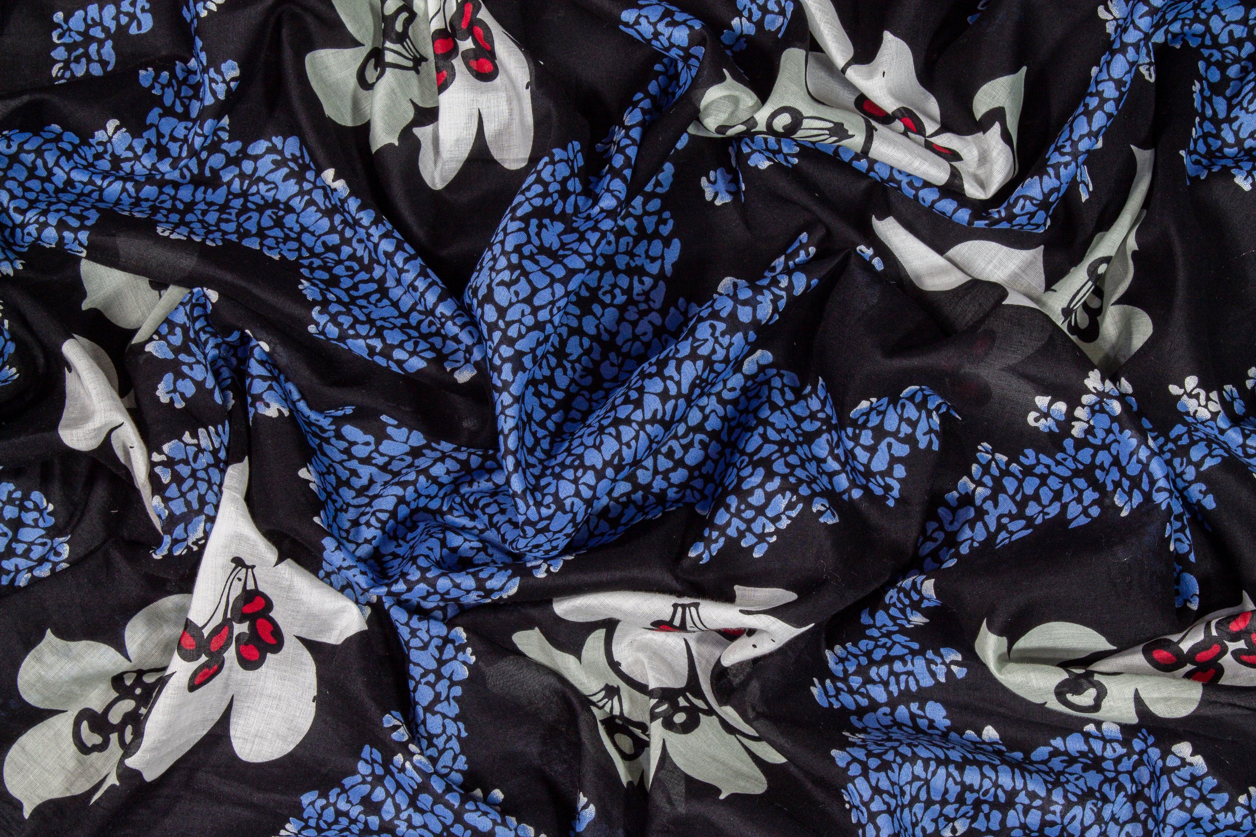 Floral Cotton Voile - Black, Blue, White - Prime Fabrics