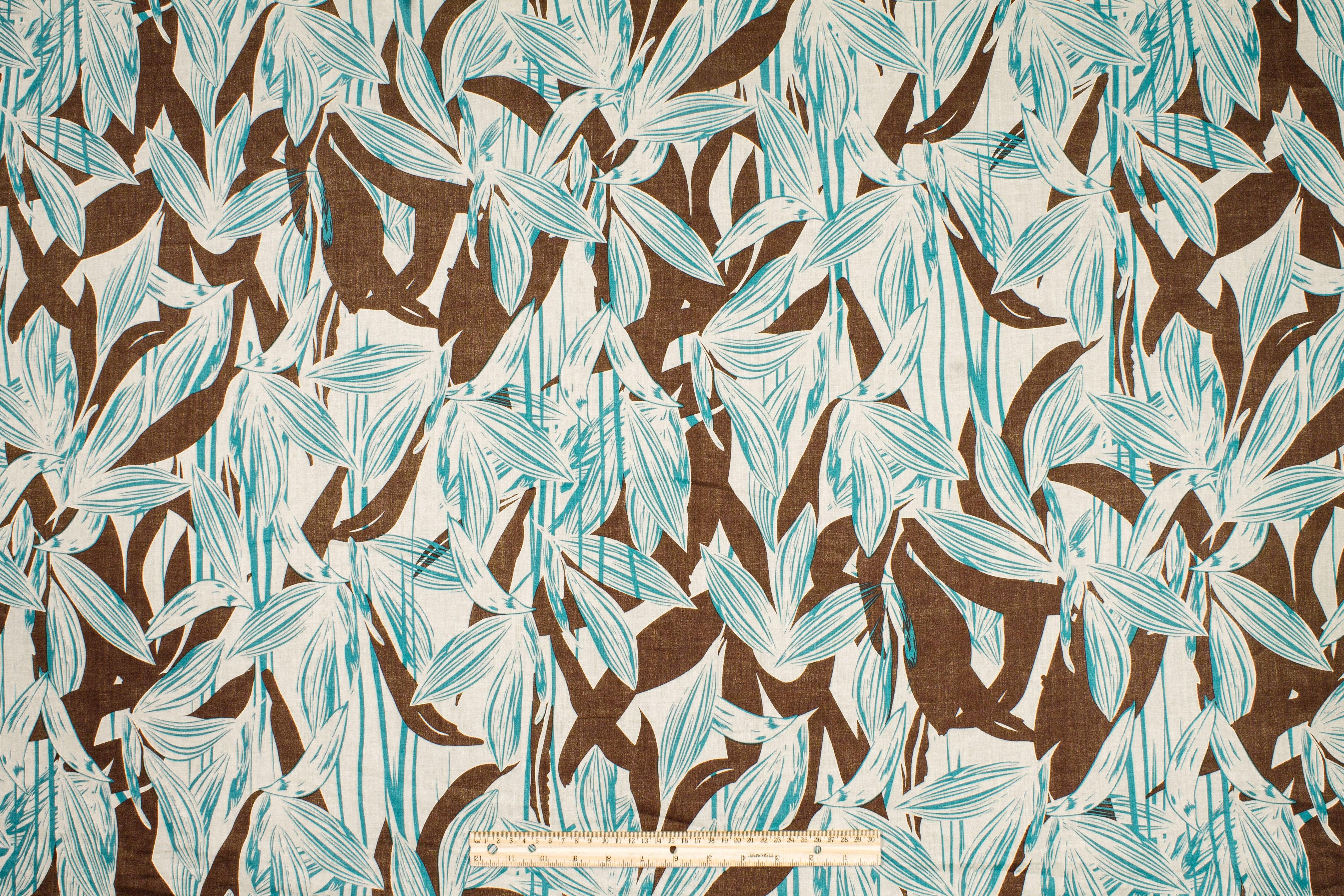 Leaf Print Cotton Voile - Brown, Turquoise, Off White - Prime Fabrics