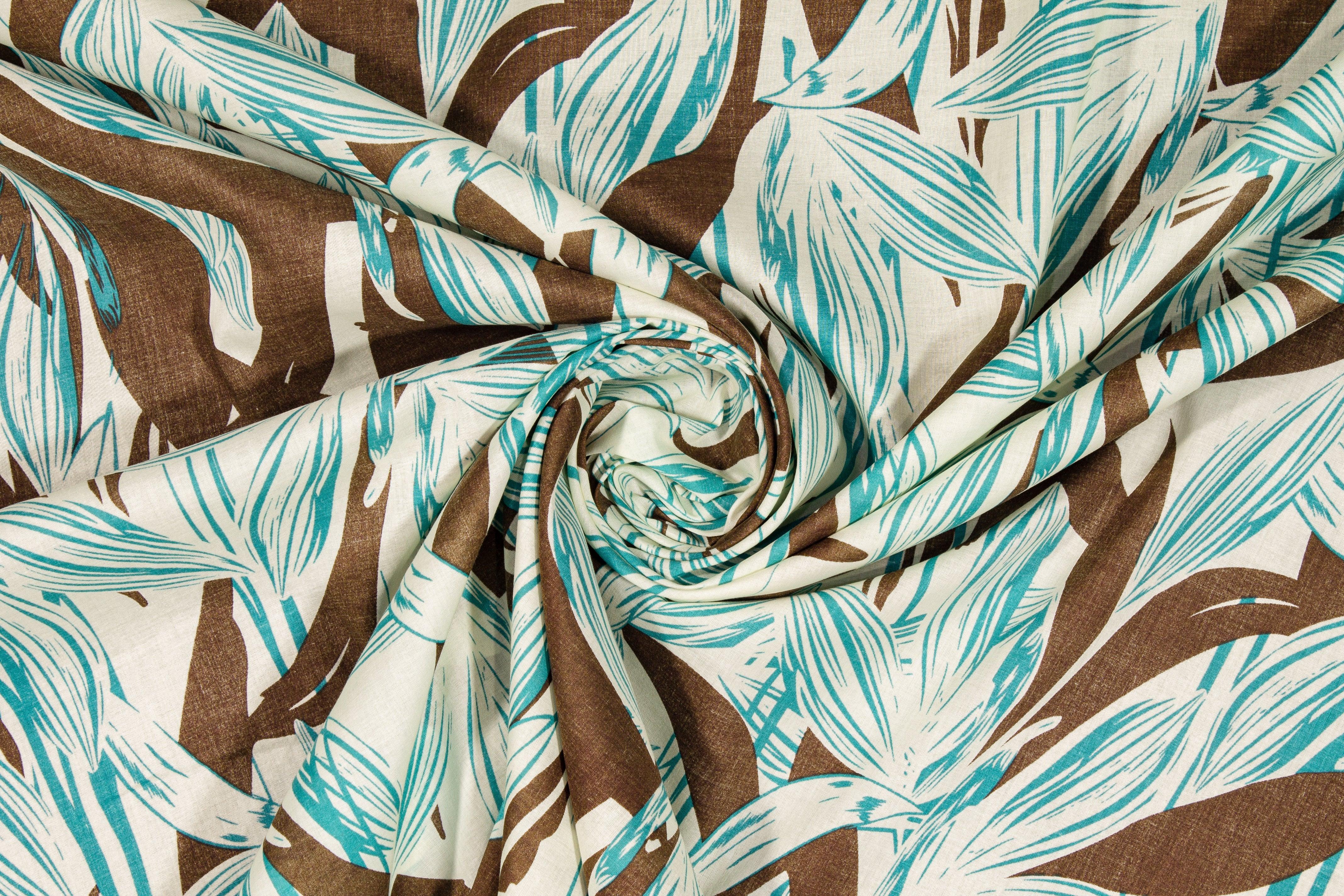 Leaf Print Cotton Voile - Brown, Turquoise, Off White - Prime Fabrics