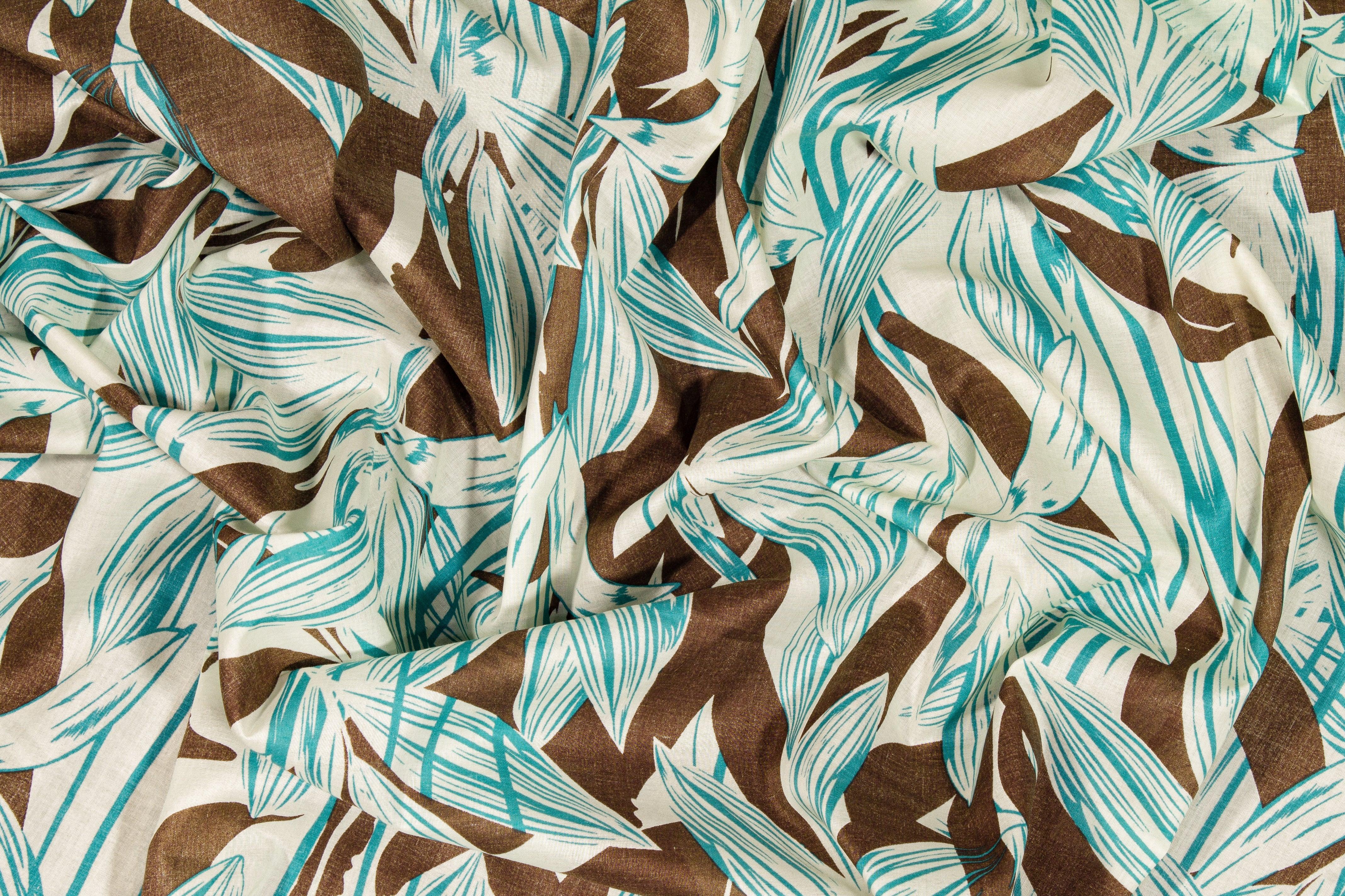 Leaf Print Cotton Voile - Brown, Turquoise, Off White - Prime Fabrics