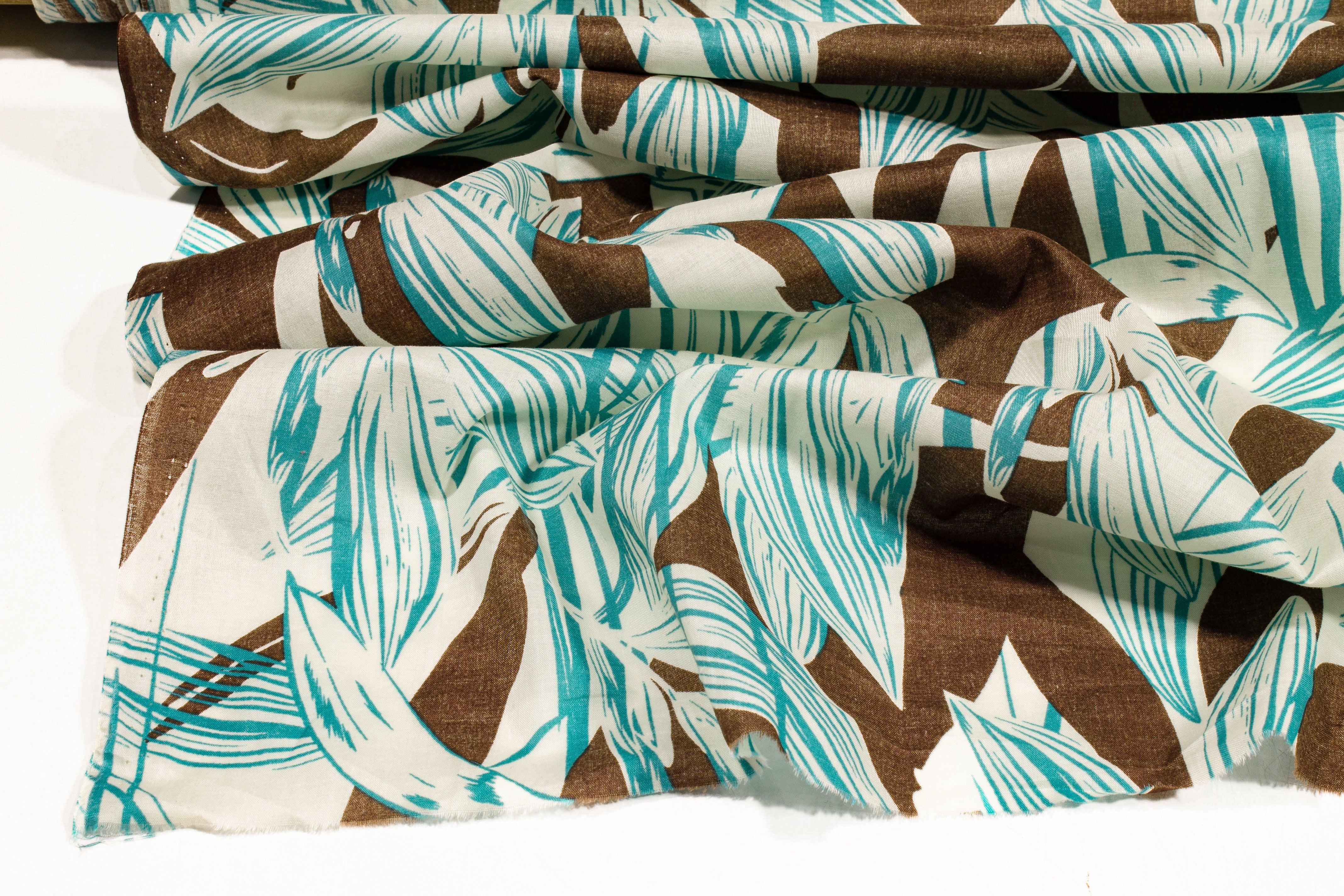 Leaf Print Cotton Voile - Brown, Turquoise, Off White - Prime Fabrics