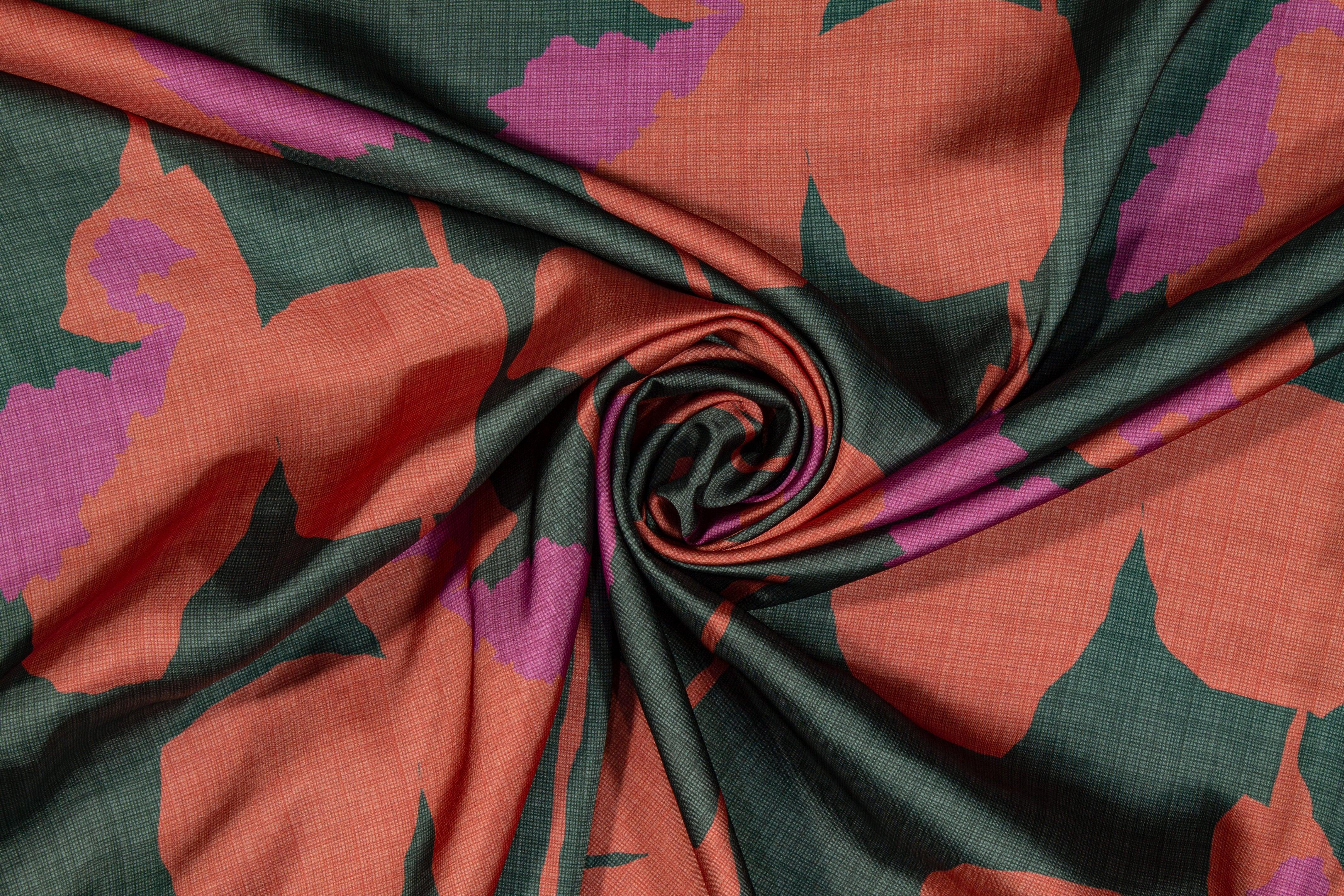 Floral Italian Charmeuse - Red, Purple, Gray - Prime Fabrics