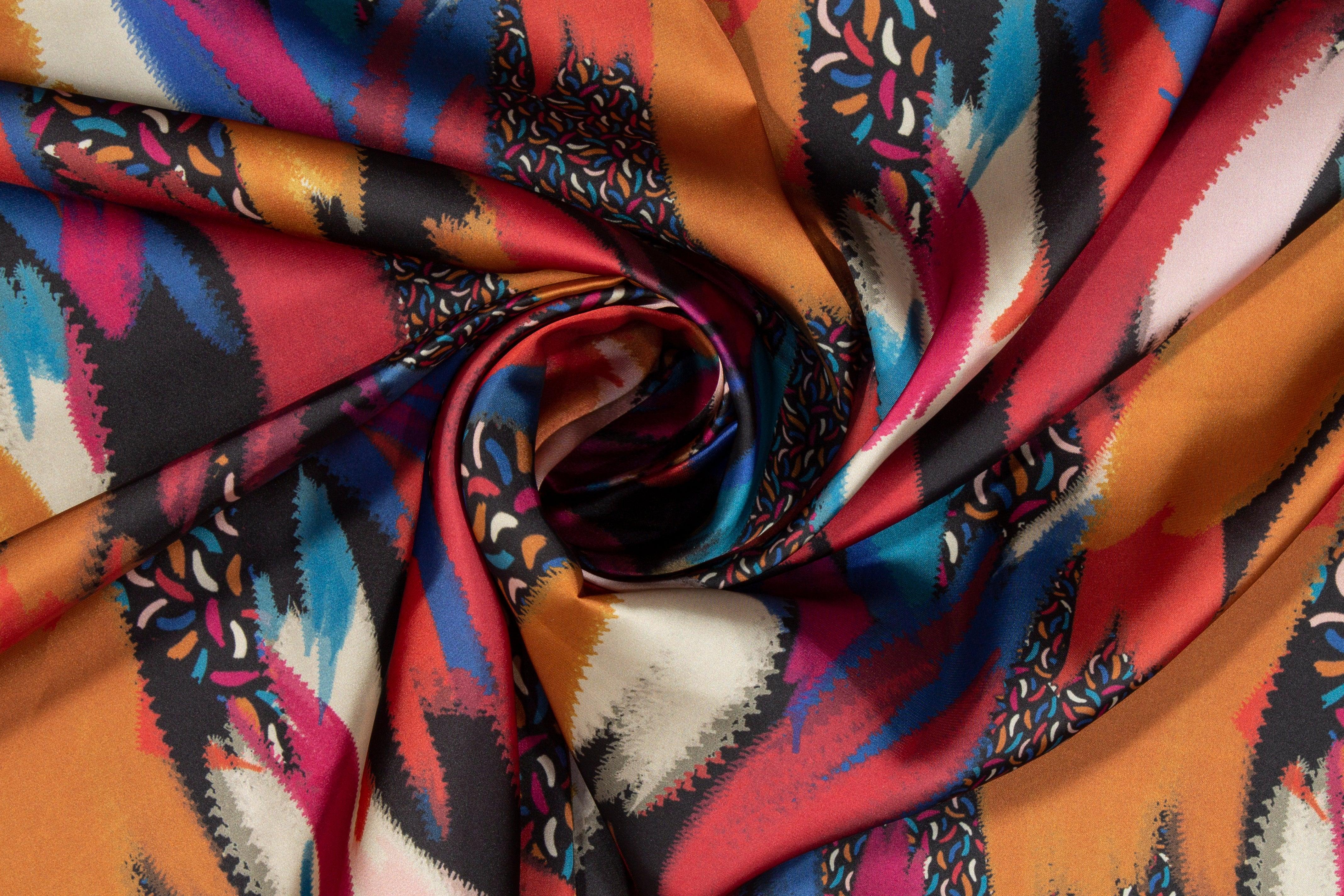 Abstract Italian Acetate Charmeuse - Blue and Orange - Prime Fabrics