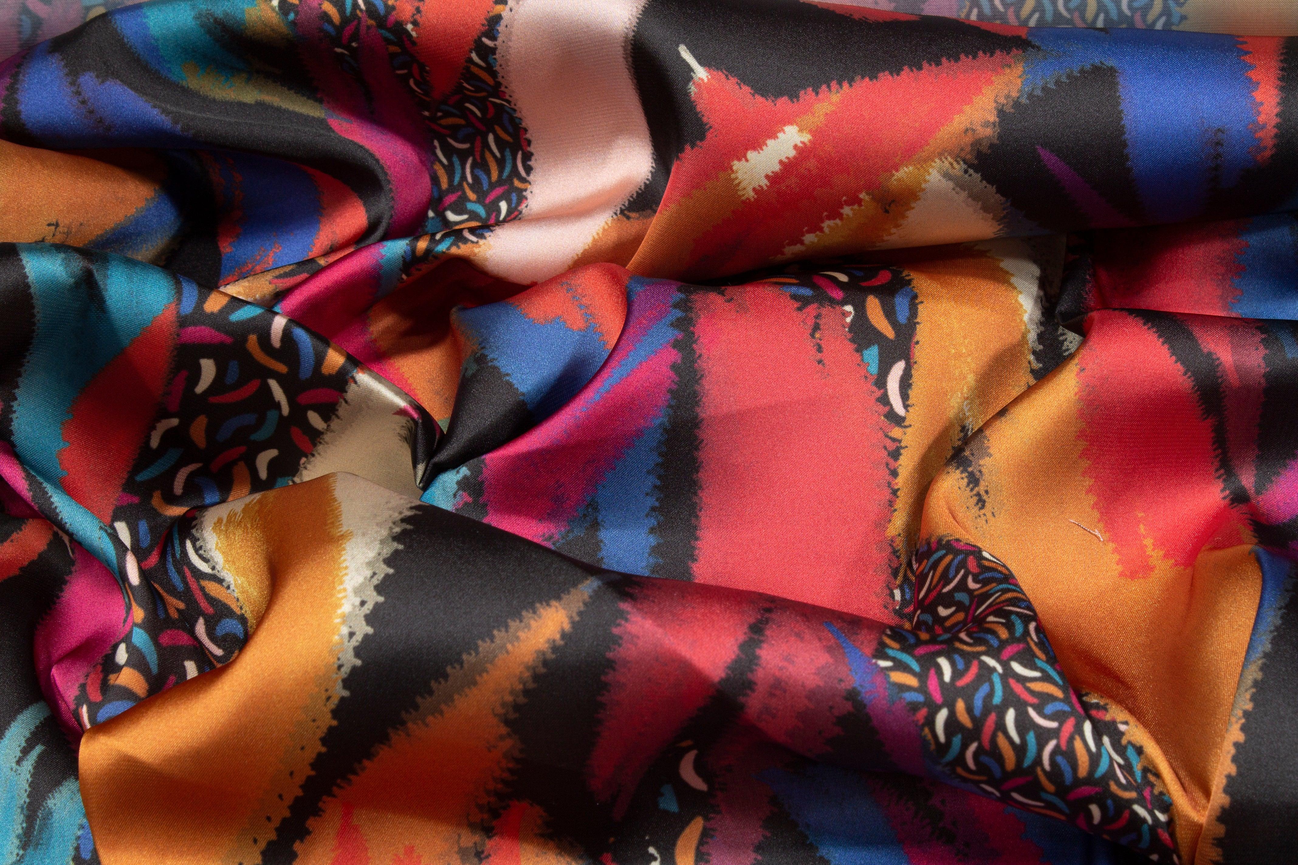 Abstract Italian Acetate Charmeuse - Blue and Orange - Prime Fabrics