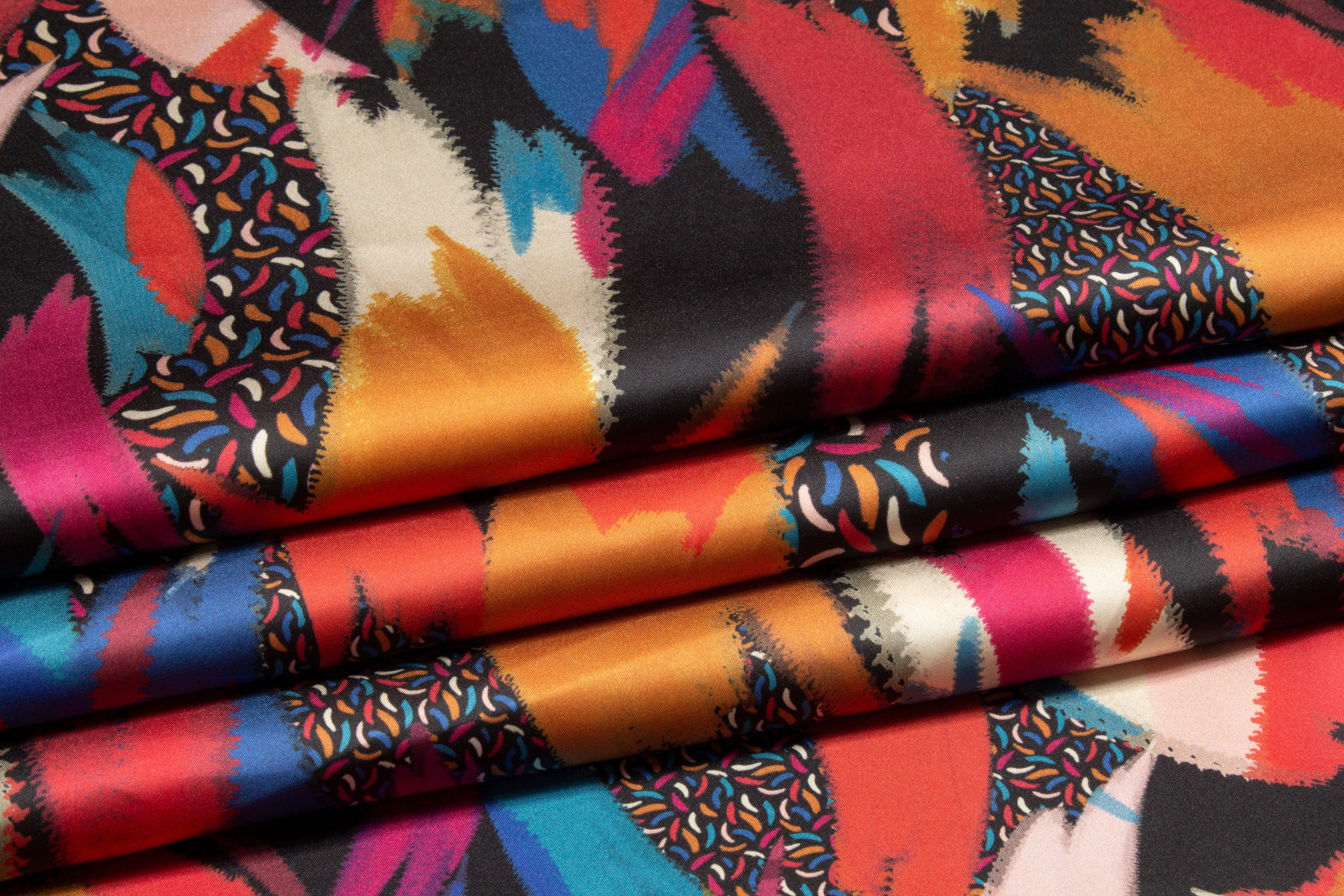 Abstract Italian Acetate Charmeuse - Blue and Orange - Prime Fabrics