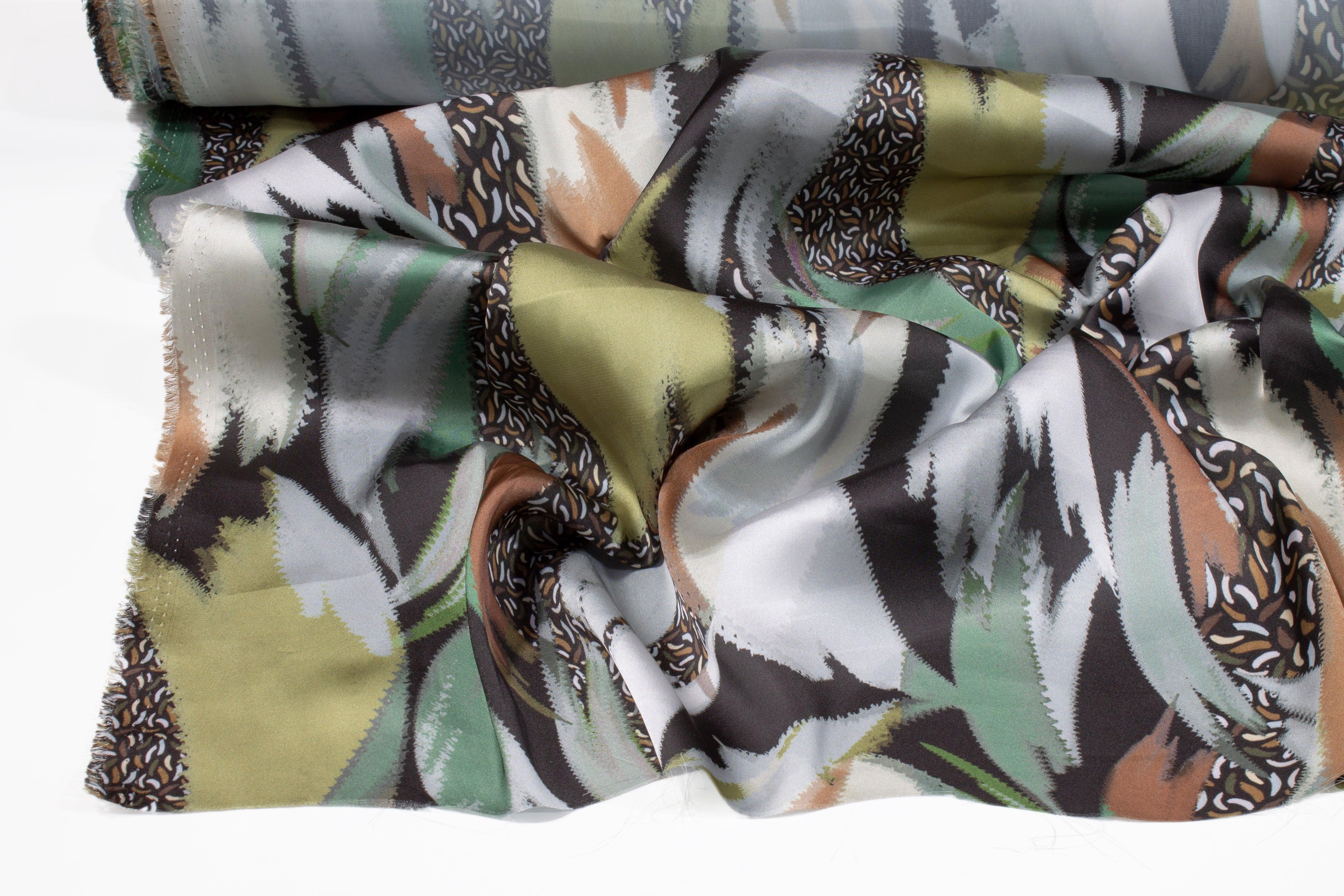 Abstract Italian Acetate Charmeuse - Gray and Green - Prime Fabrics