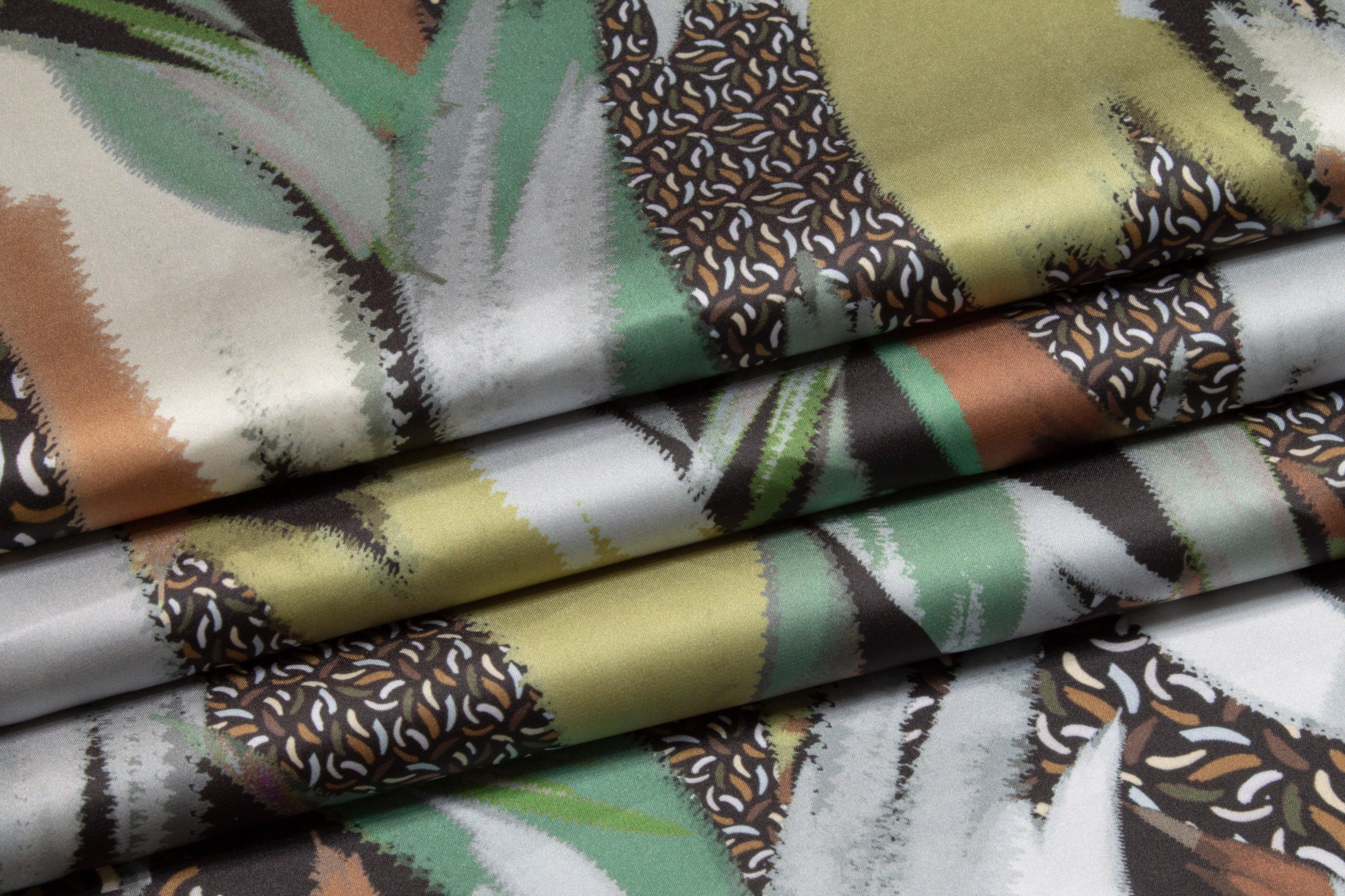 Abstract Italian Acetate Charmeuse - Gray and Green - Prime Fabrics