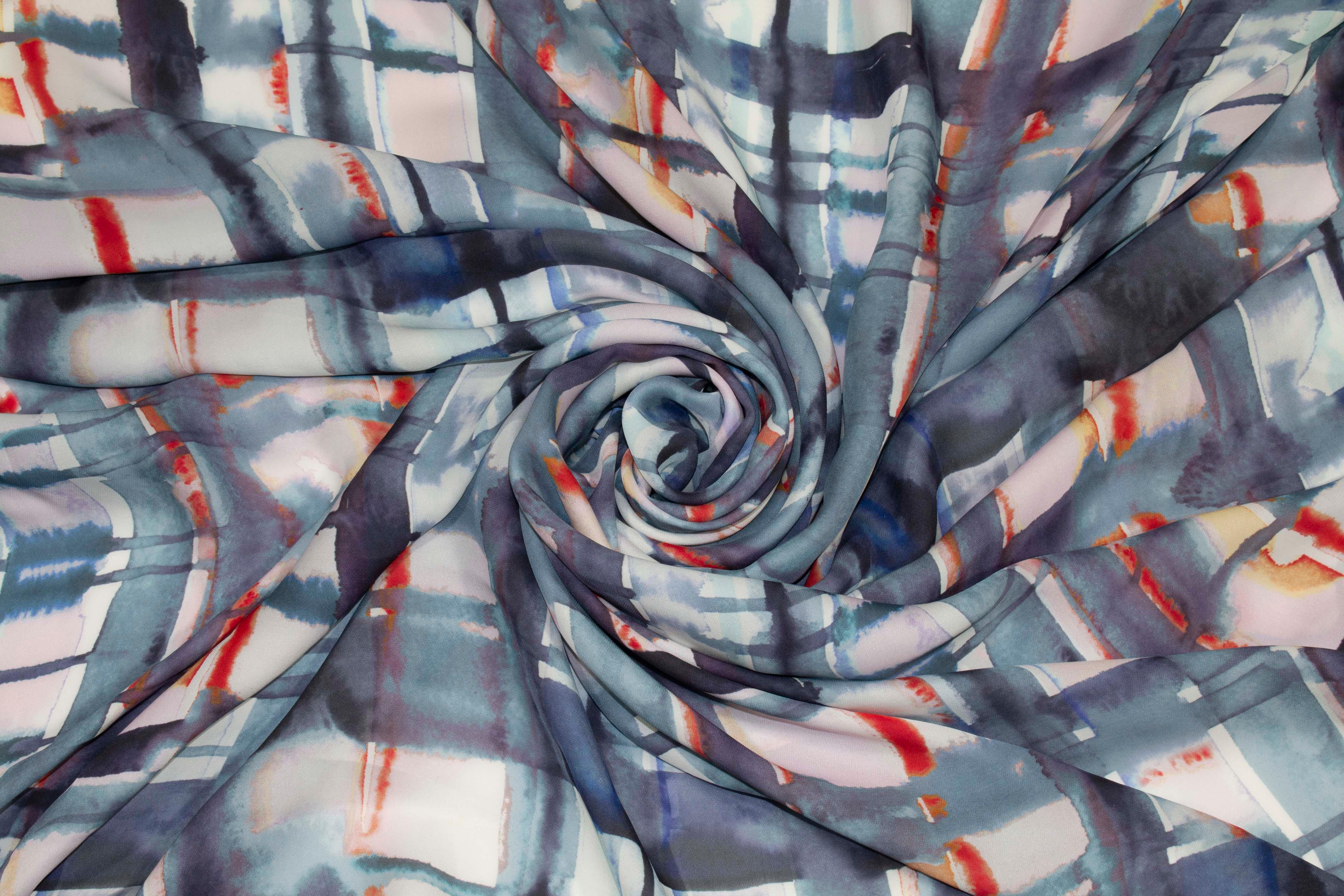 Blue Abstract Silk Crepe De Chine - Prime Fabrics