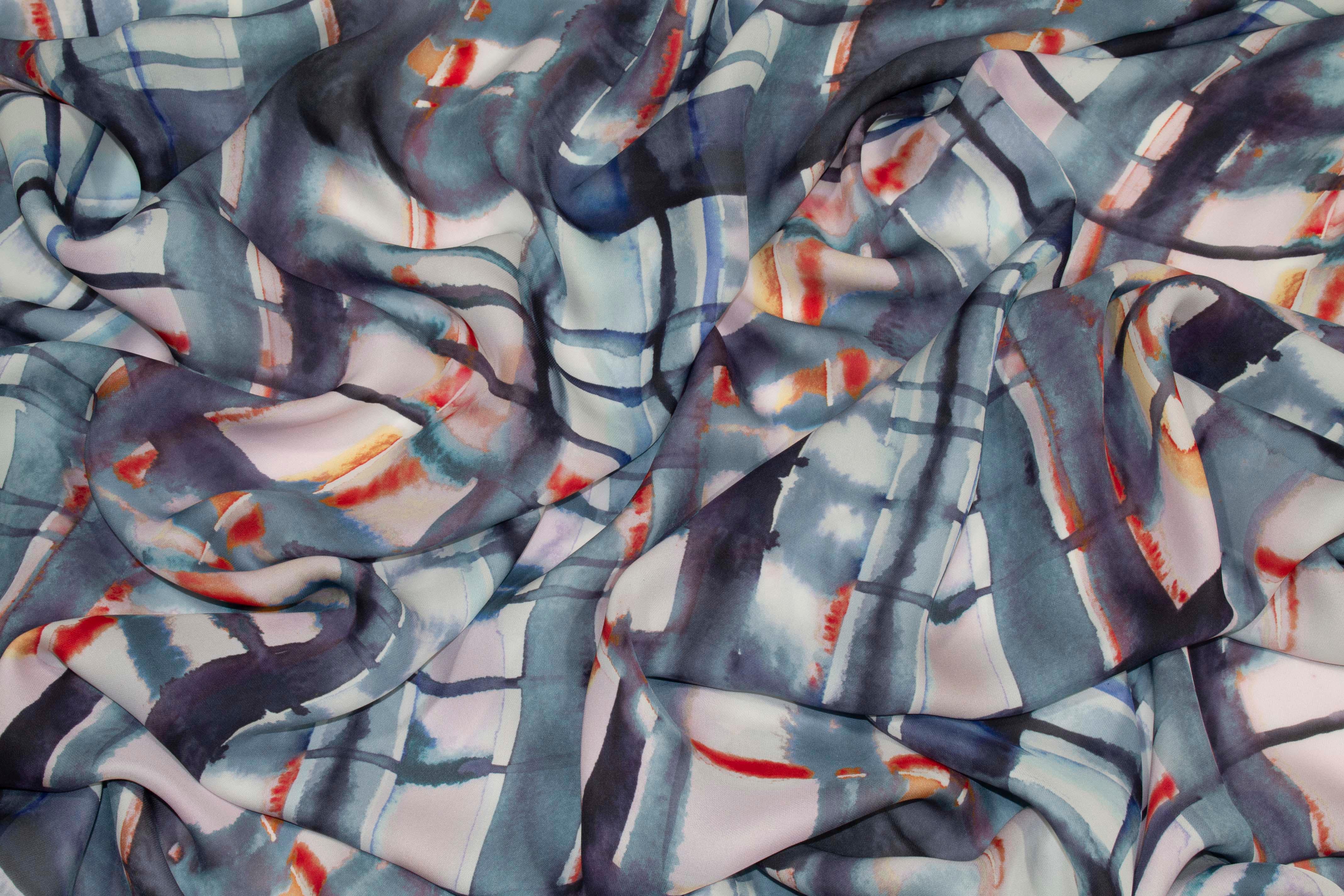 Blue Abstract Silk Crepe De Chine - Prime Fabrics