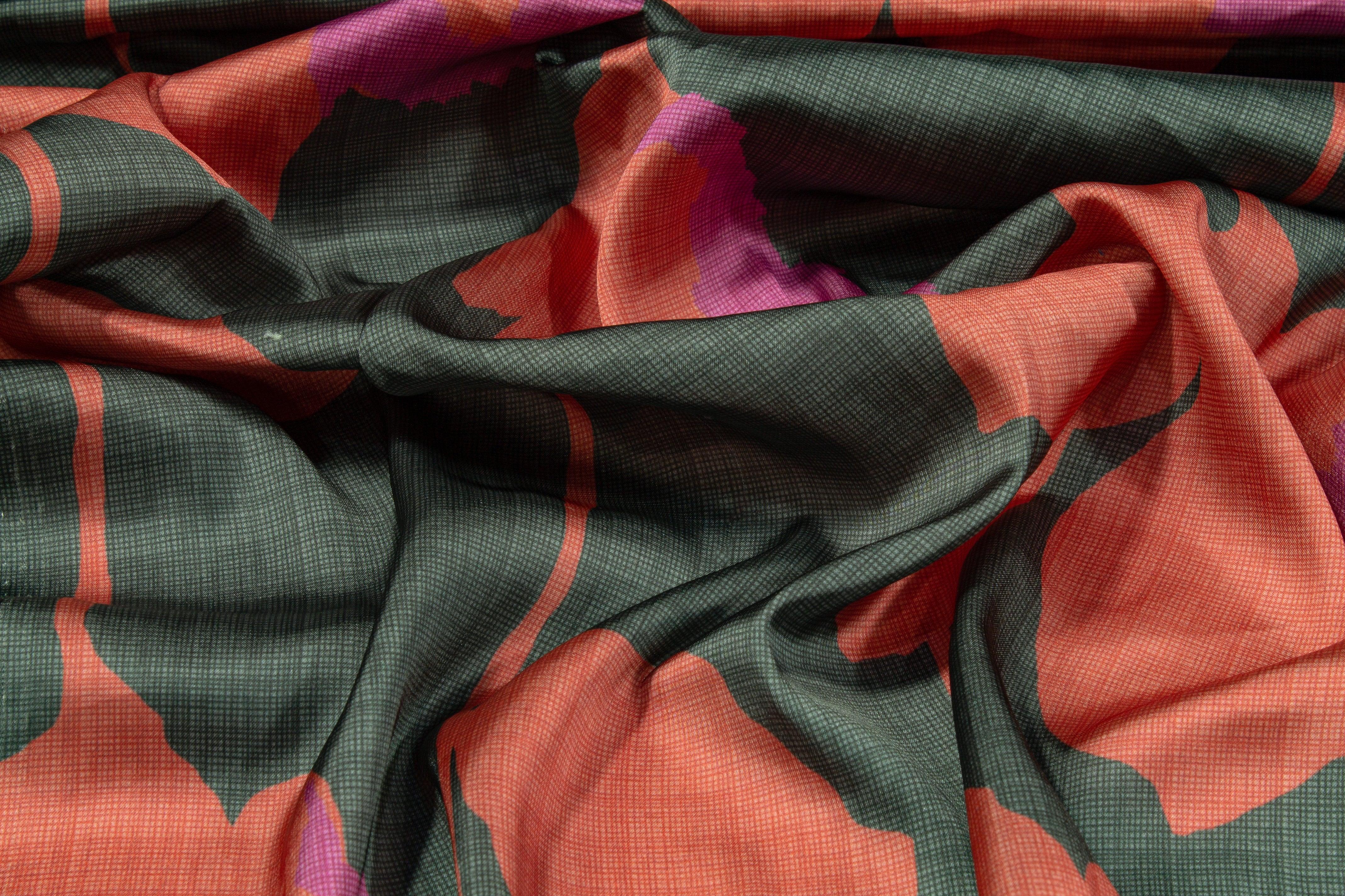 Floral Italian Charmeuse - Red, Purple, Gray - Prime Fabrics