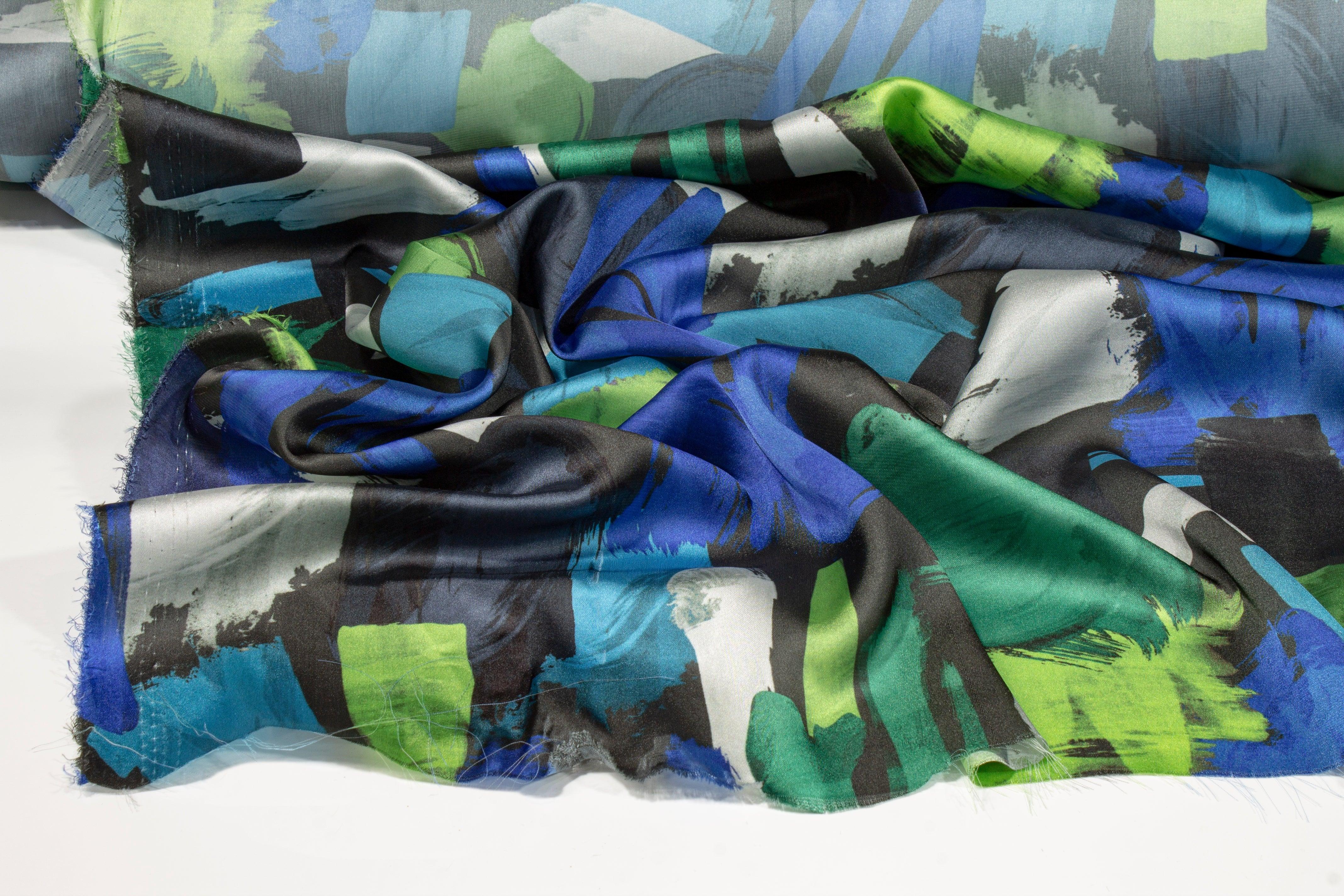 Paint Stroke Italian Charmeuse - Green and Blue - Prime Fabrics